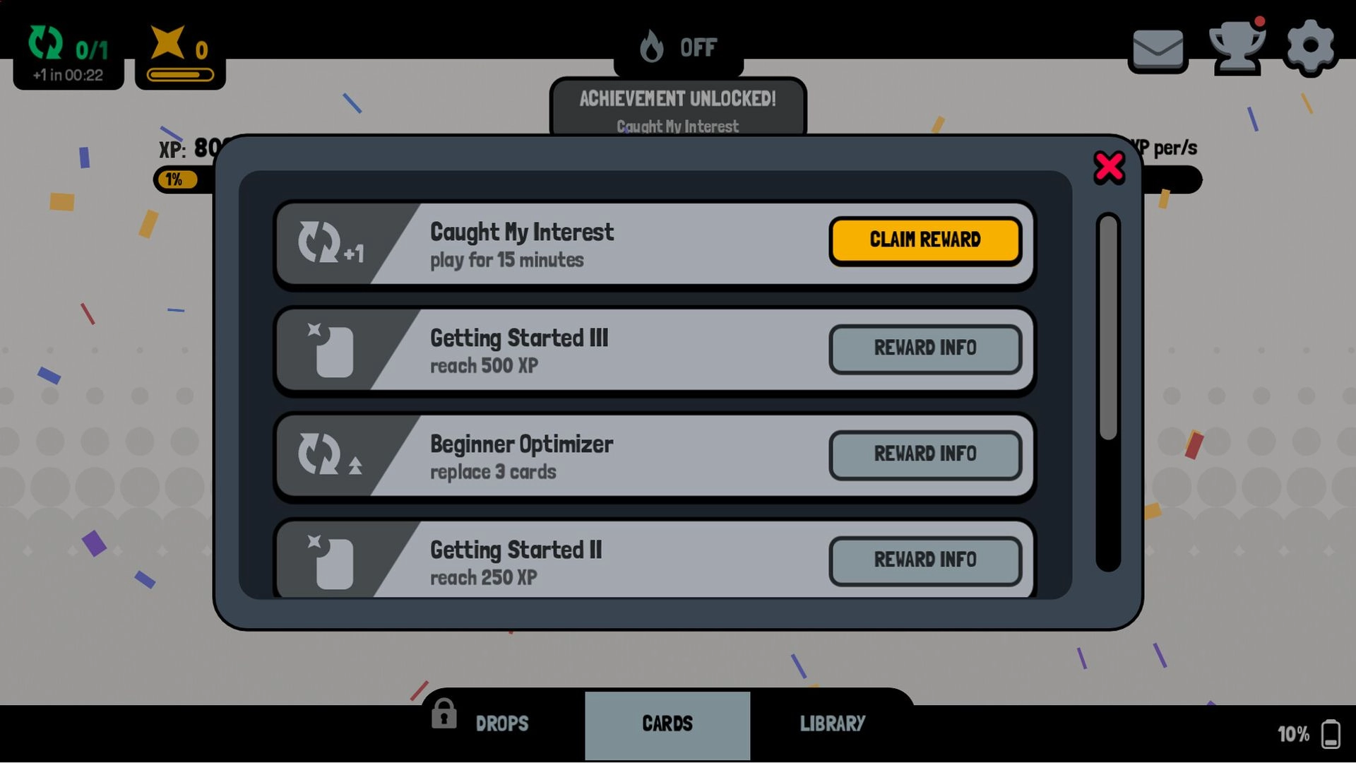 GoGeez: Achievement list popup with Claim Reward button and XP tasks over confetti menu backdrop.