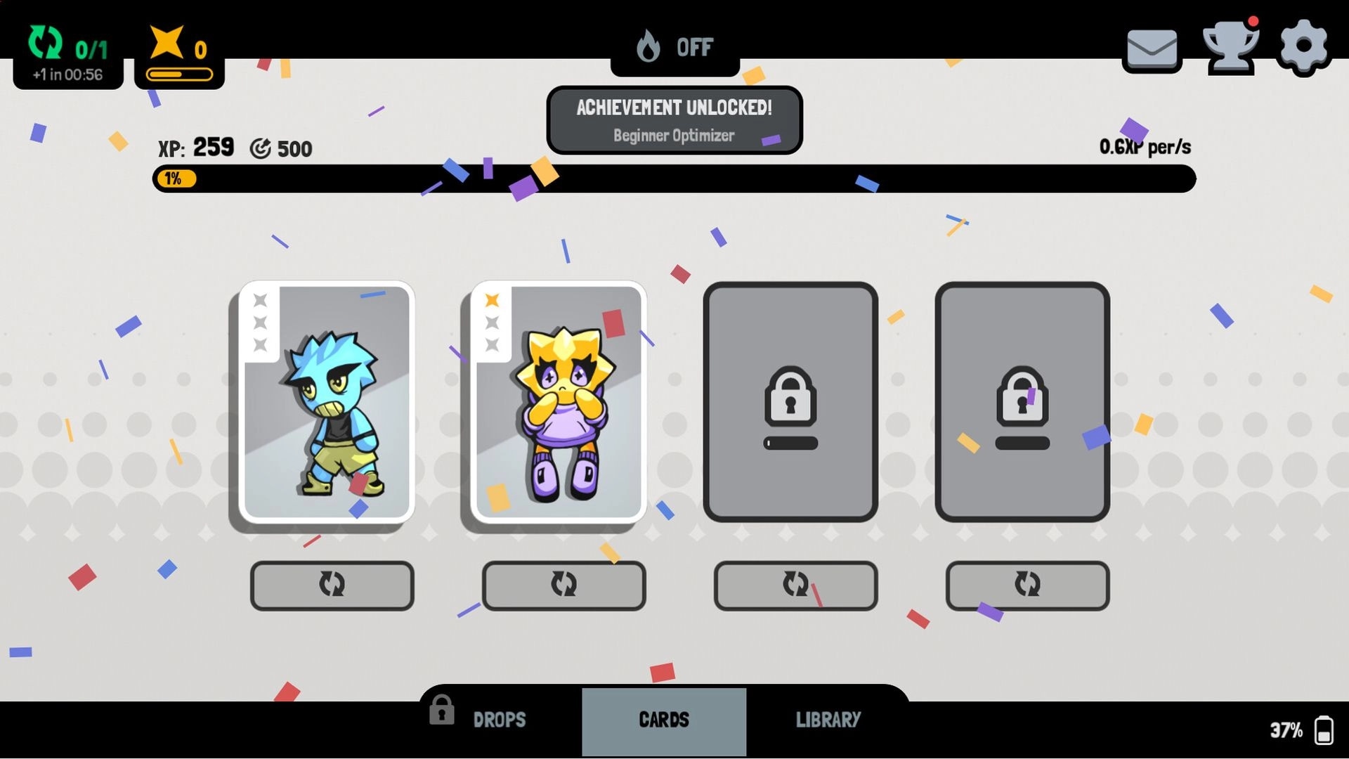 GoGeez: Cards menu with two chibi creature cards and two locked slots, achievement confetti UI.