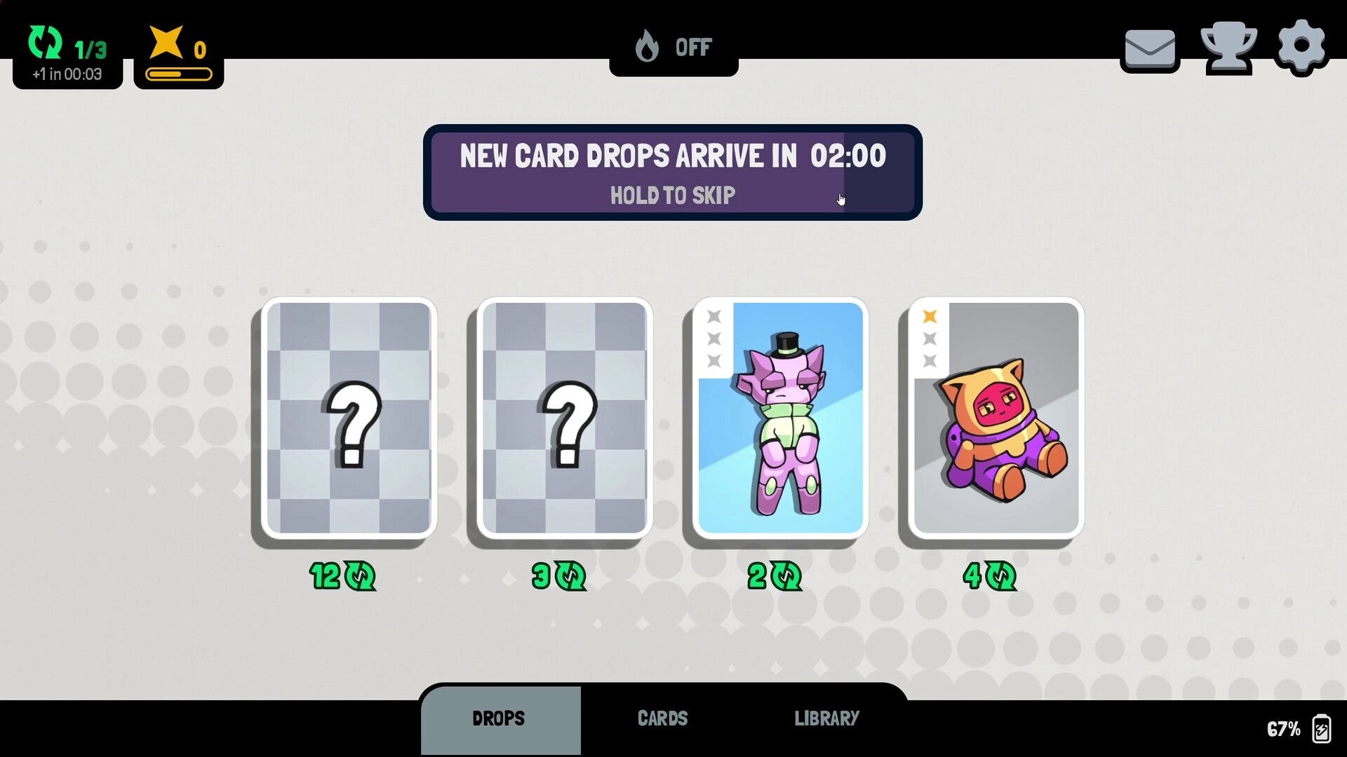 GoGeez: Card drops screen with two mystery cards and two chibi creature cards, timer banner above.