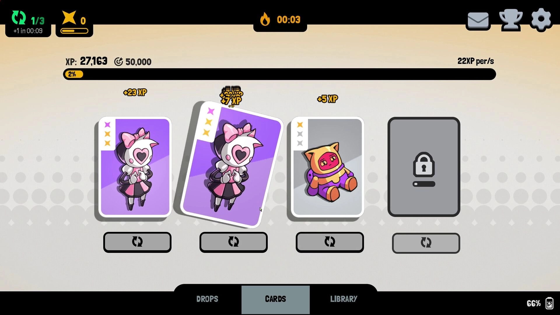 GoGeez: Card collection screen with chibi creature cards, XP bar and locked slot on gray UI.