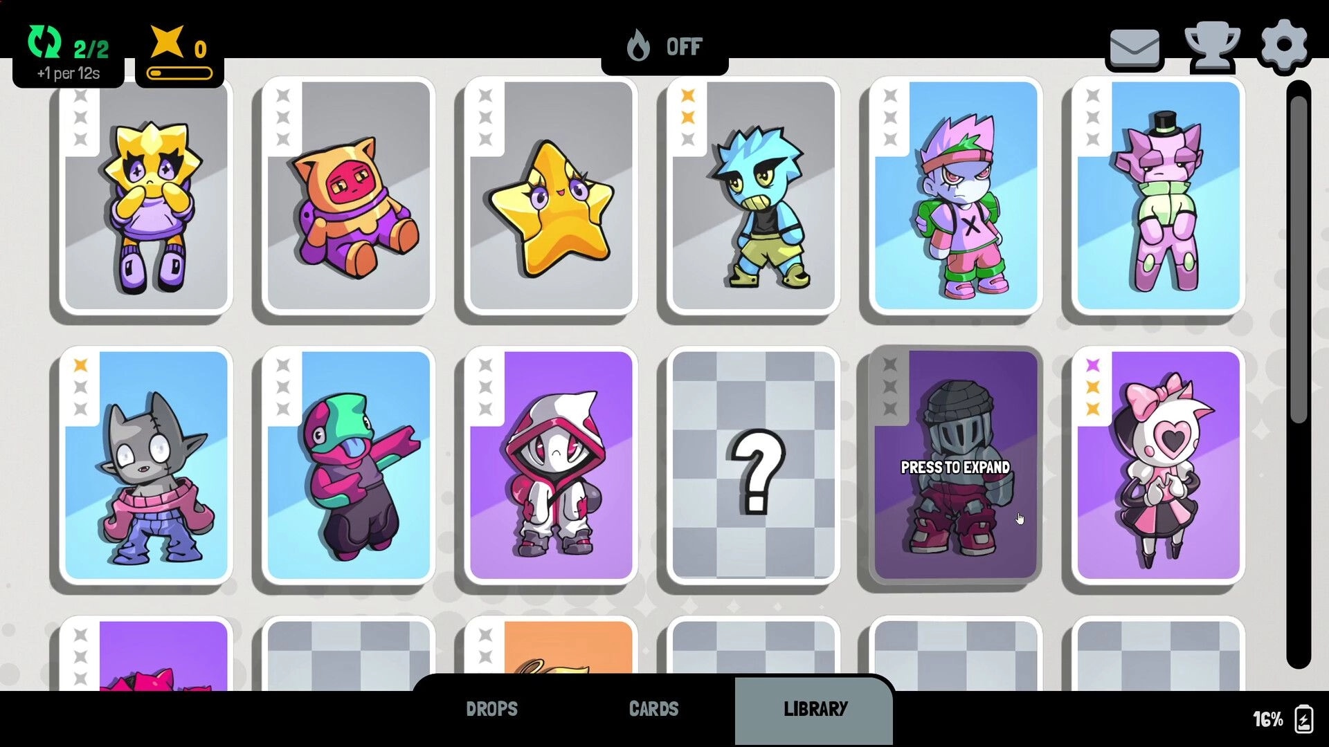 GoGeez: Library card grid of chibi creatures, stats icons on top bar, one card says press to expand.