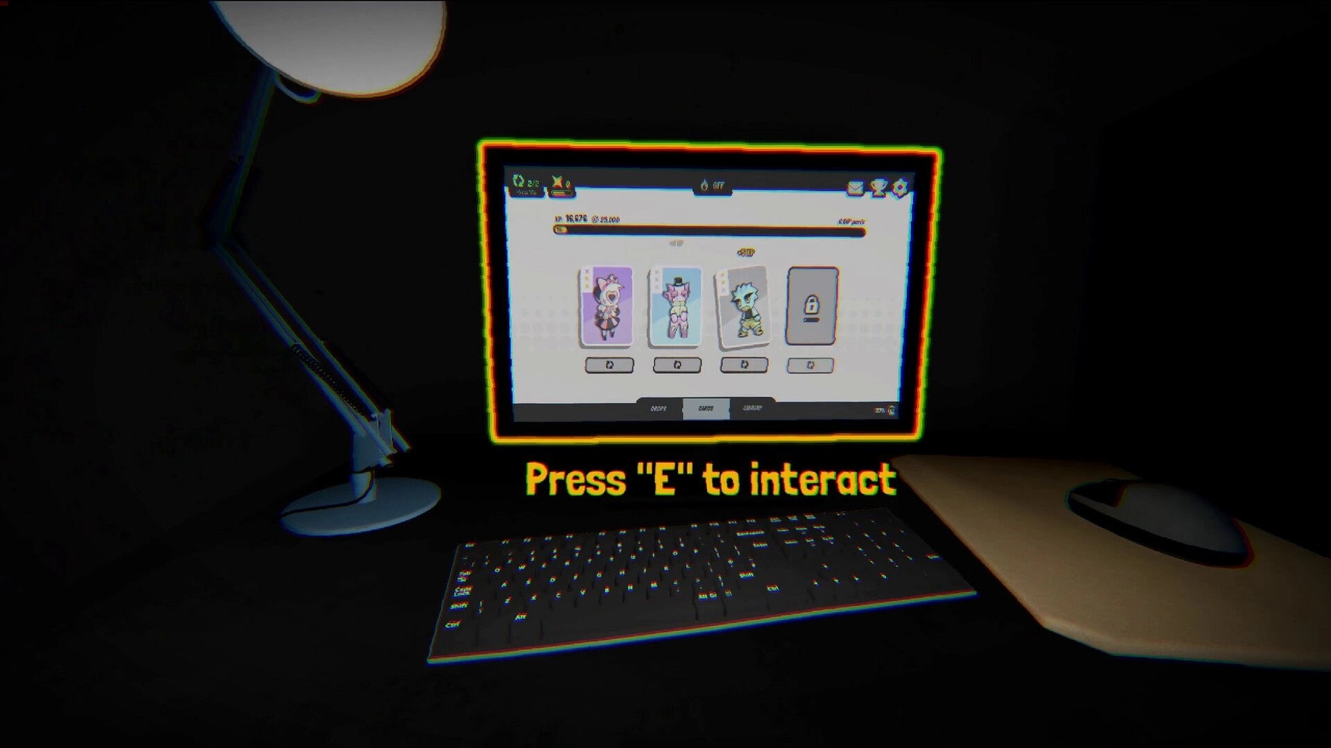 GoGeez: Press E to interact prompt over monster card menu on desktop monitor in dark room.
