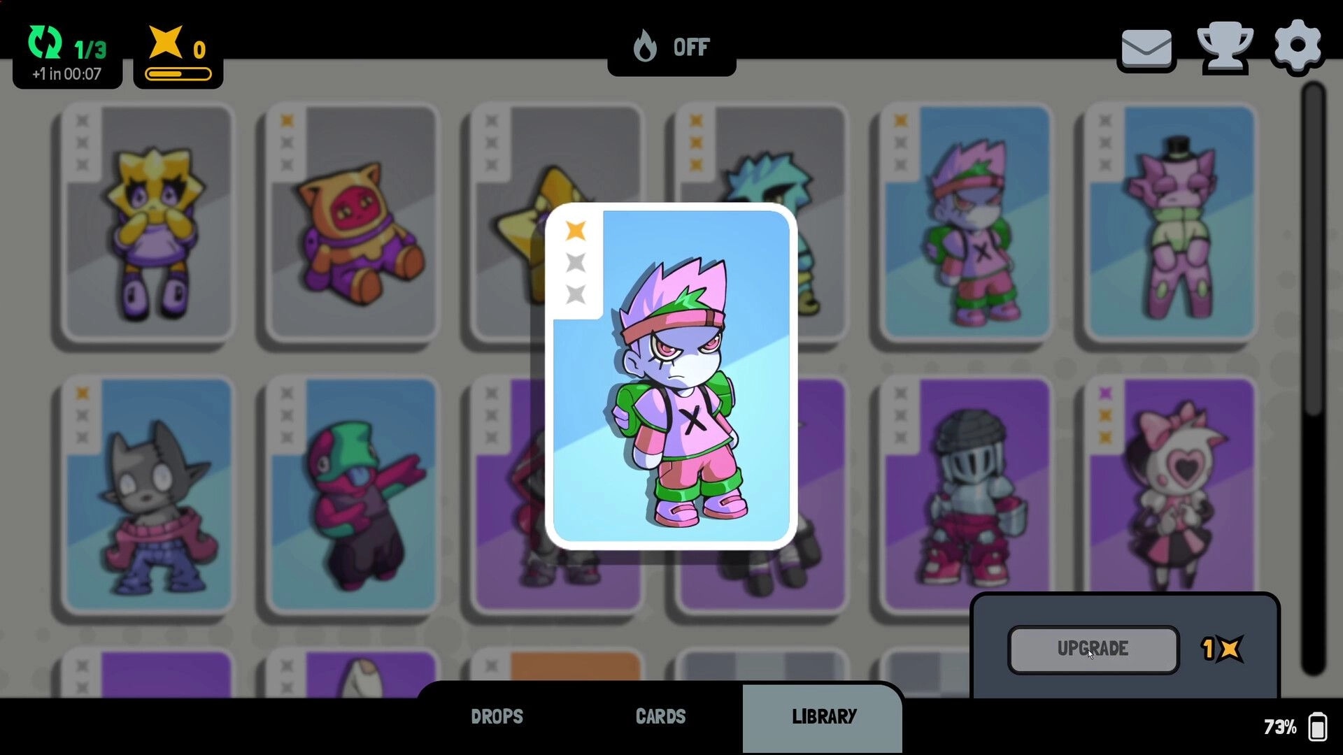 GoGeez: Library card collection with punk chibi highlighted and Upgrade button on character grid.