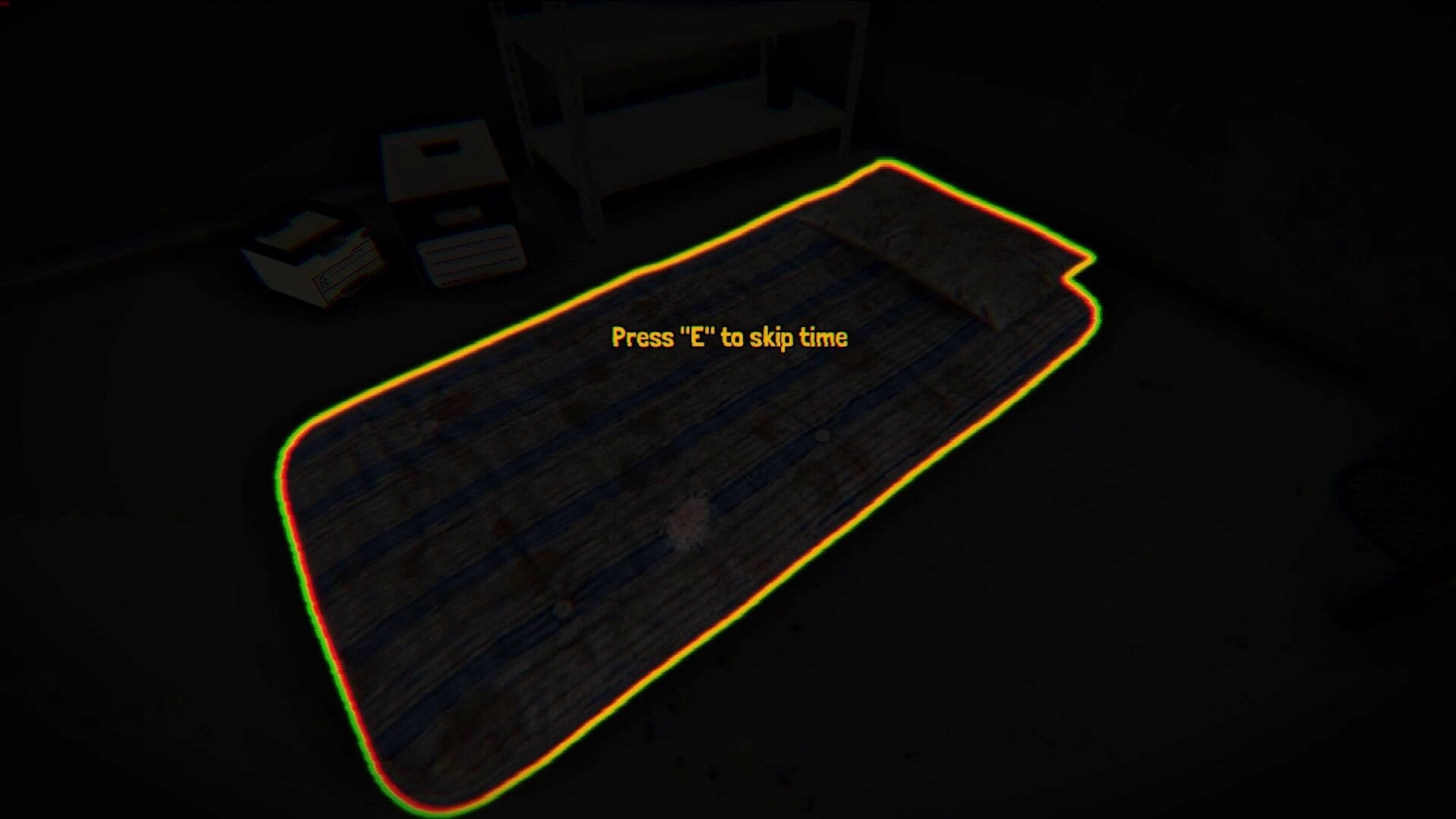 GoGeez: Highlighted bed with prompt “Press E to skip time” in a dim bedroom with boxes nearby.
