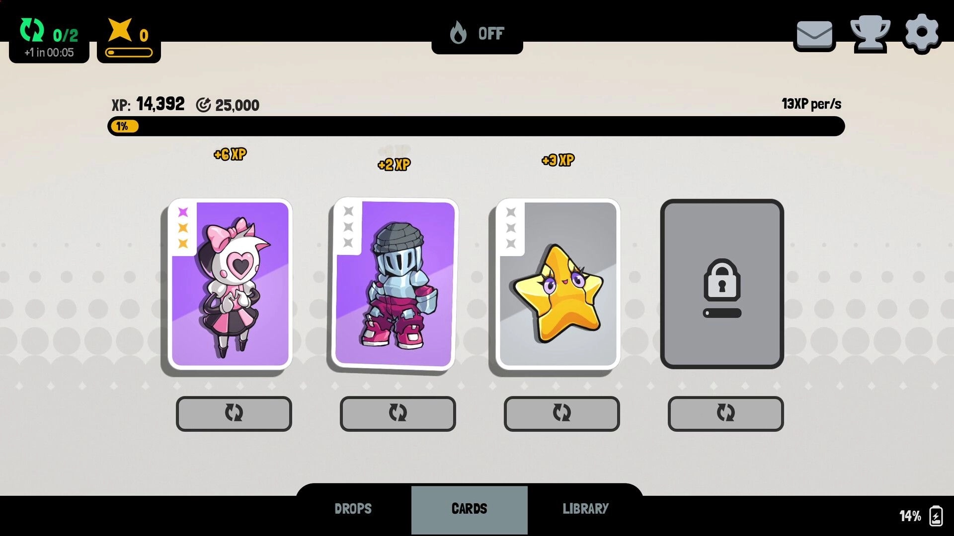 GoGeez: Cards menu with chibi doll, armored knight, star card, and one locked slot UI.