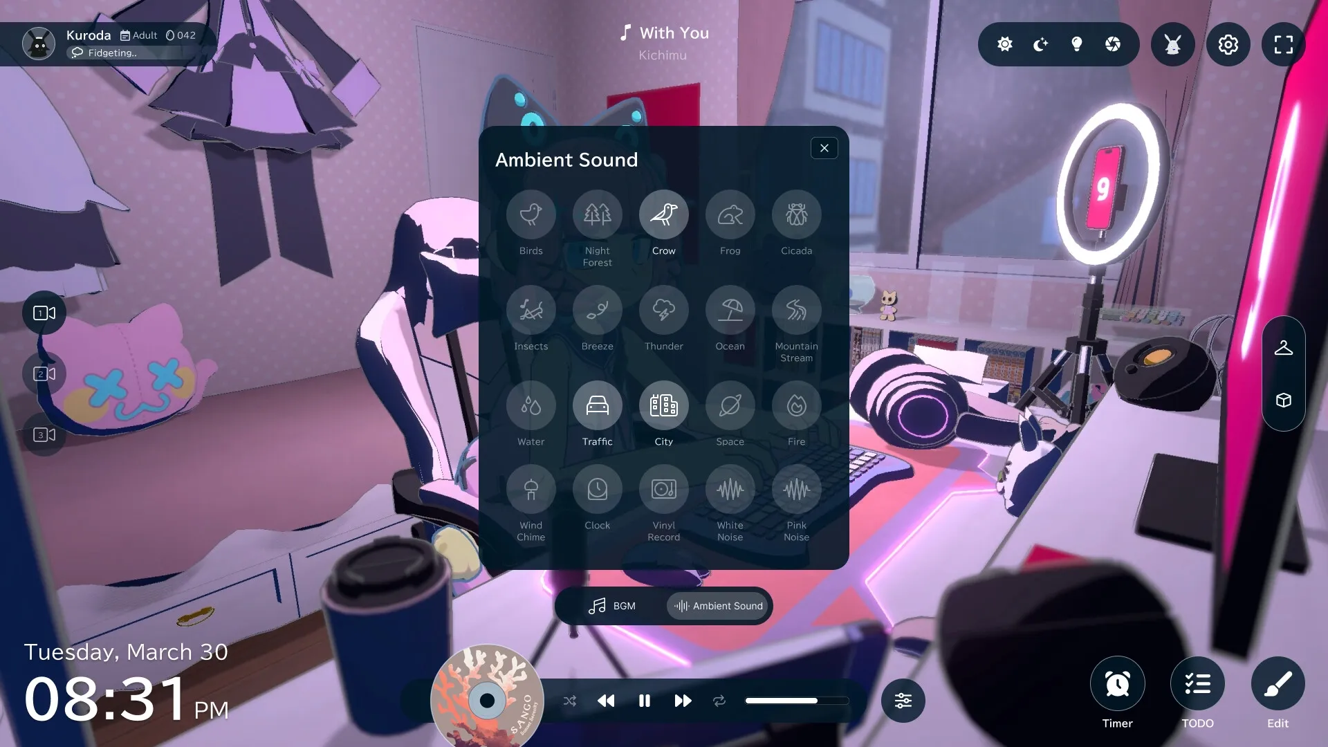 gogh: Ambient sound menu open in a cozy room with gaming setup, plush toys, and ring light visible