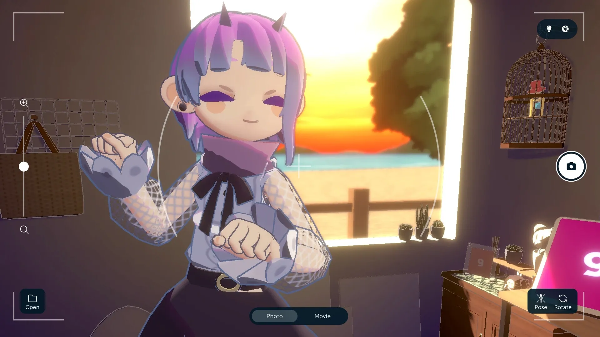 gogh: Avatar posing in a cozy room with sunset view, surrounded by decor and interactive options.