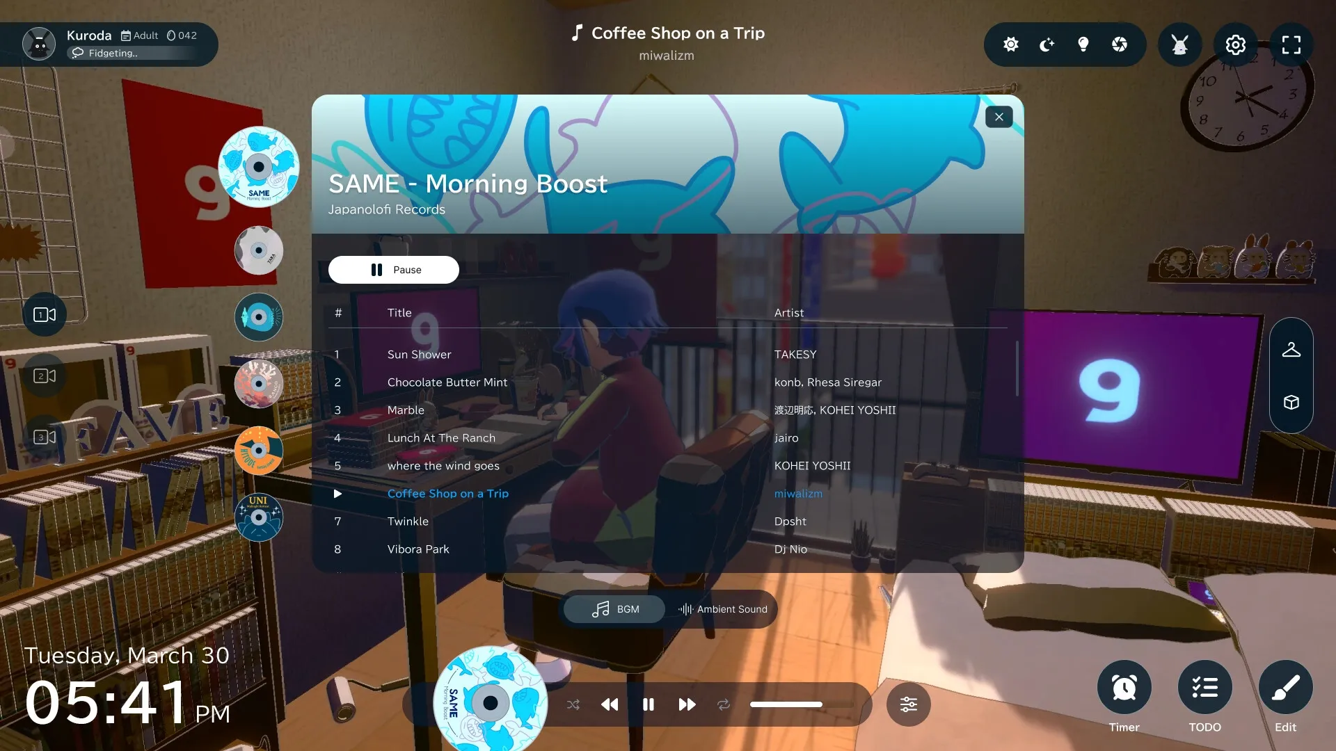 gogh: Avatar at desk with music playlist and cozy room decor, featuring a clock and purple screen.