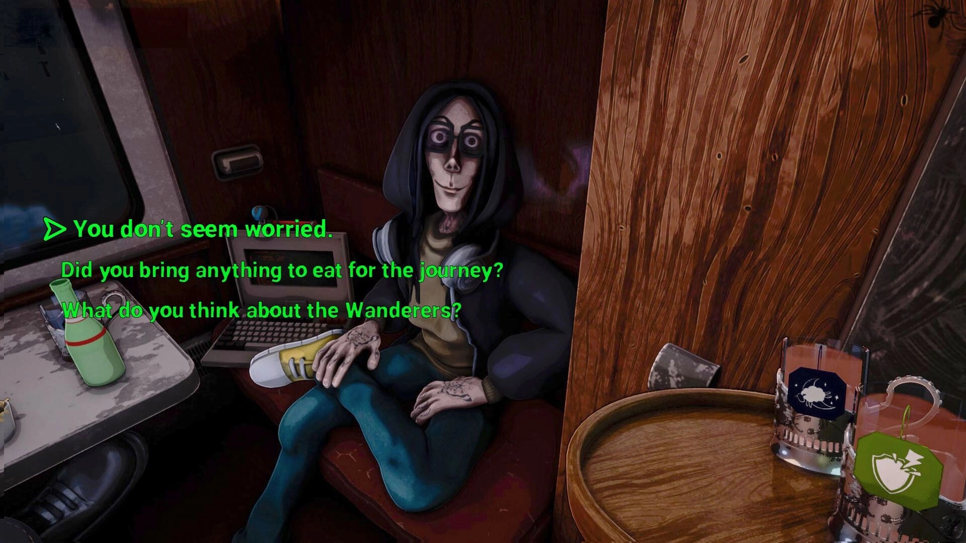 Going my way?: Dialogue choices with a hooded passenger in a cramped train cabin seat nook.