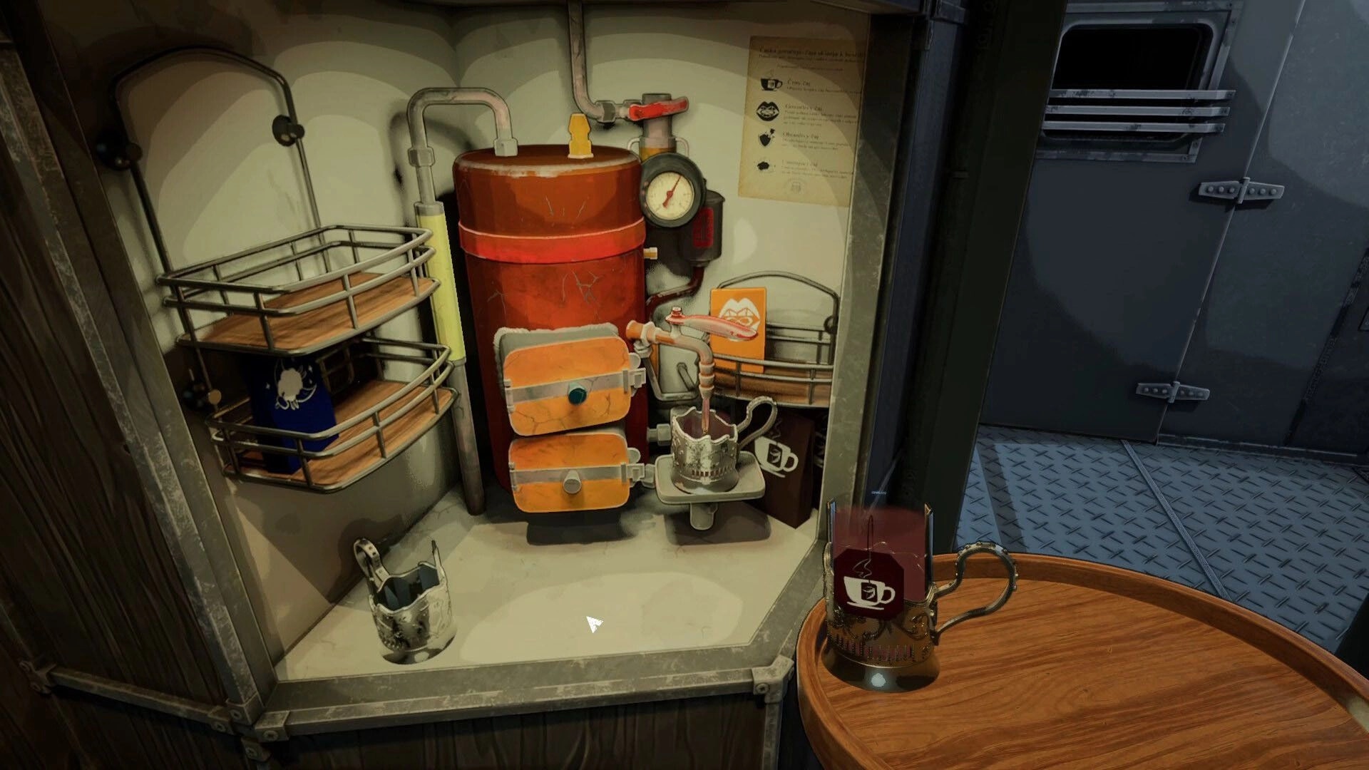 Going my way?: Inspecting a train galley coffee boiler and mugs beside a metal door and table.