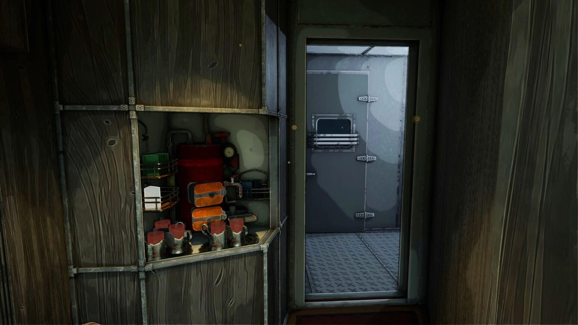Going my way?: Supply shelf with canisters and tools beside open train door in dim wooden car.