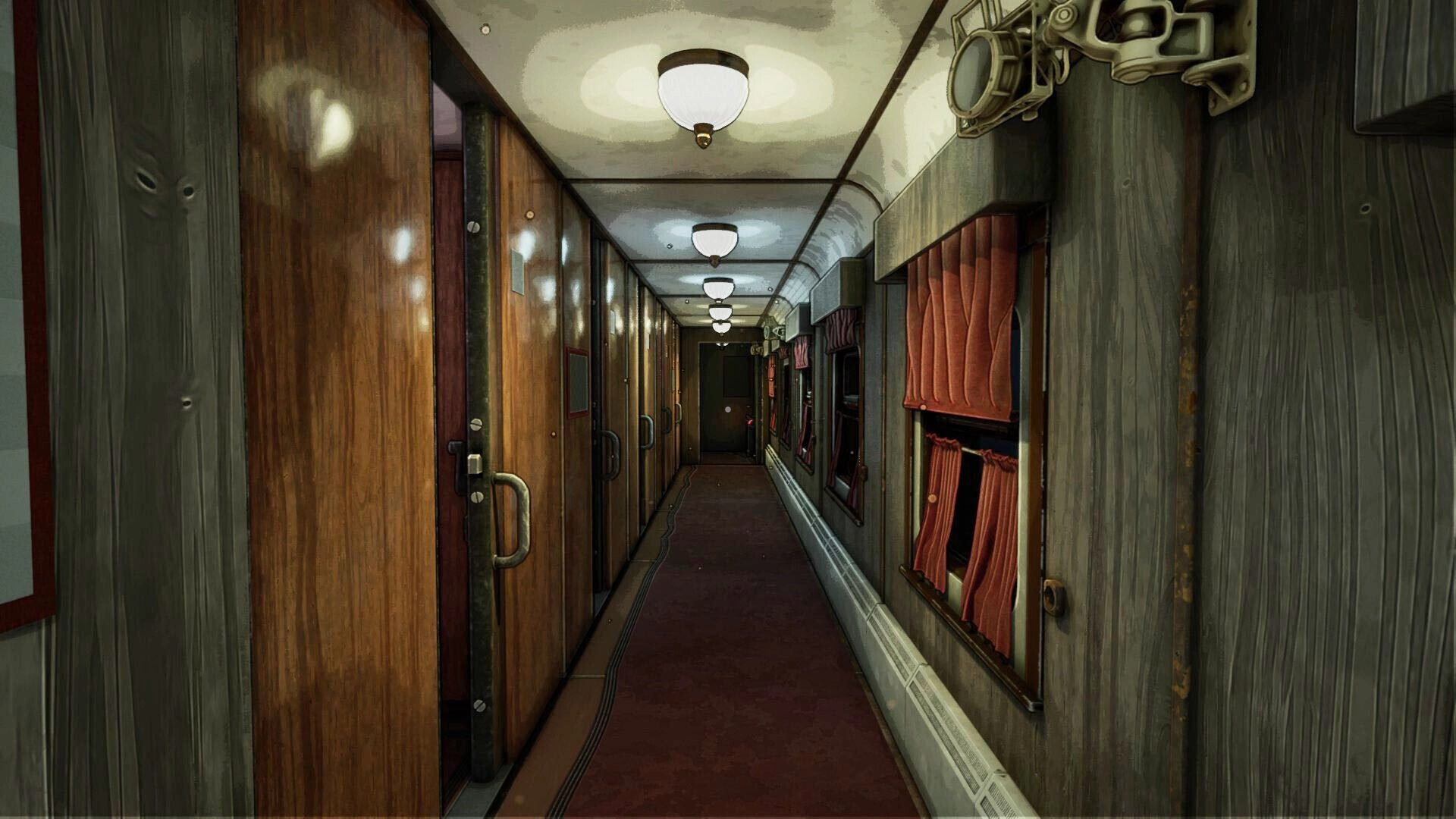 Going my way?: First-person view down an empty train corridor with cabin doors, lamps, and curtained windows.