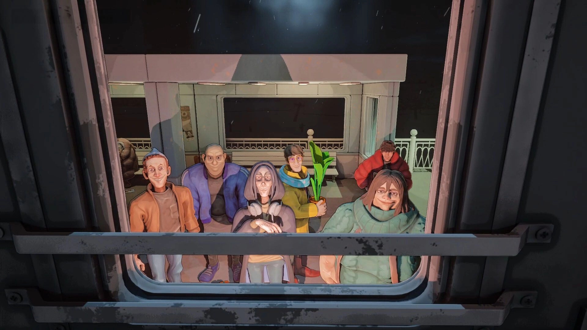 Going my way?: Passengers stare through a train window at night, one holding a potted plant in snowstorm.