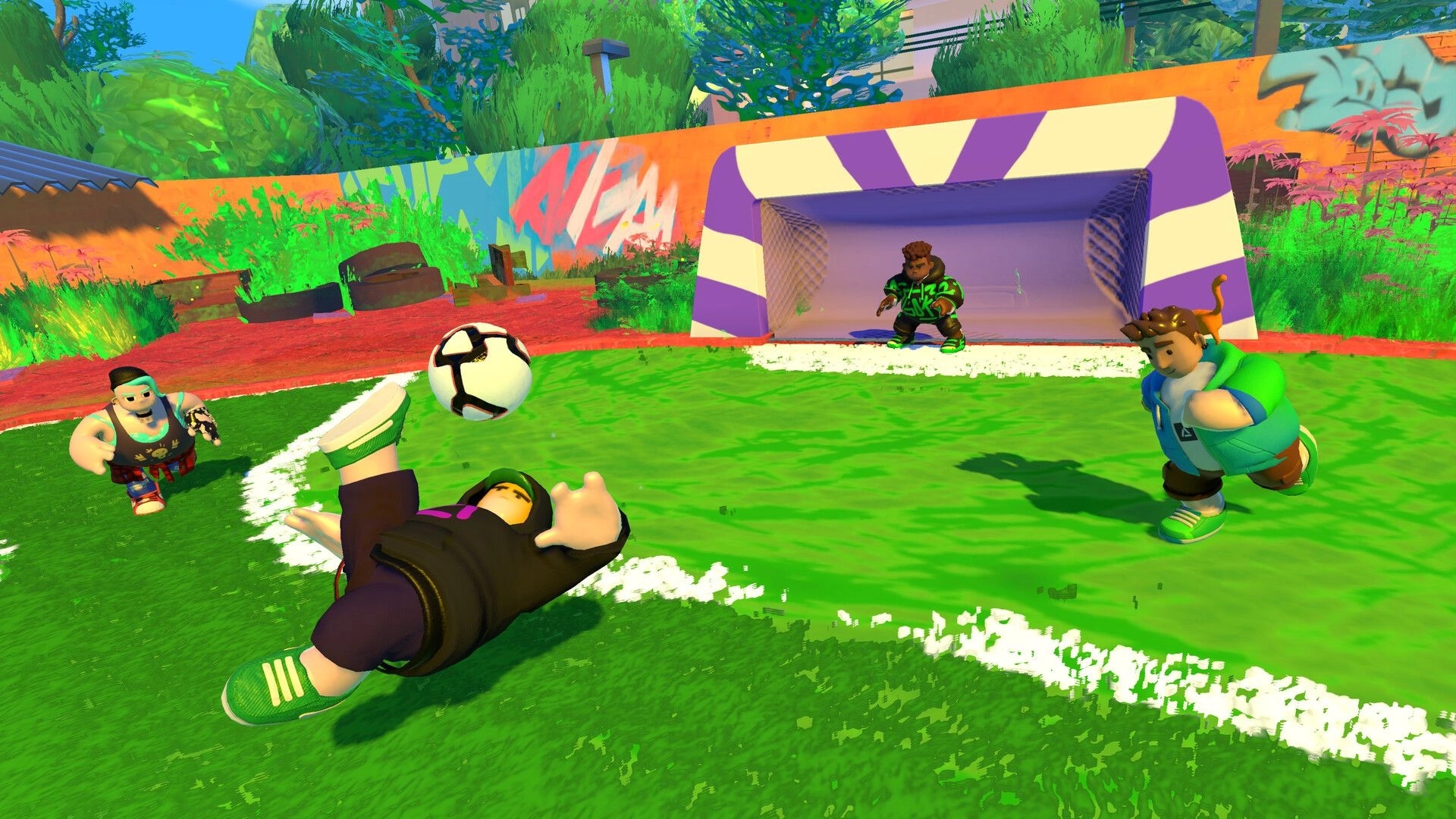 GOKA Street: Player performs a bicycle kick towards the goal in a colorful street football arena.