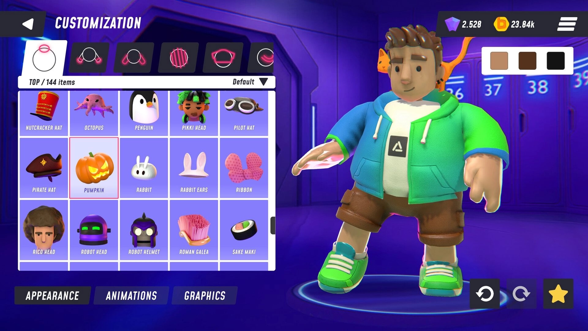 GOKA Street: Character customization screen with various headgear options and avatar model displayed