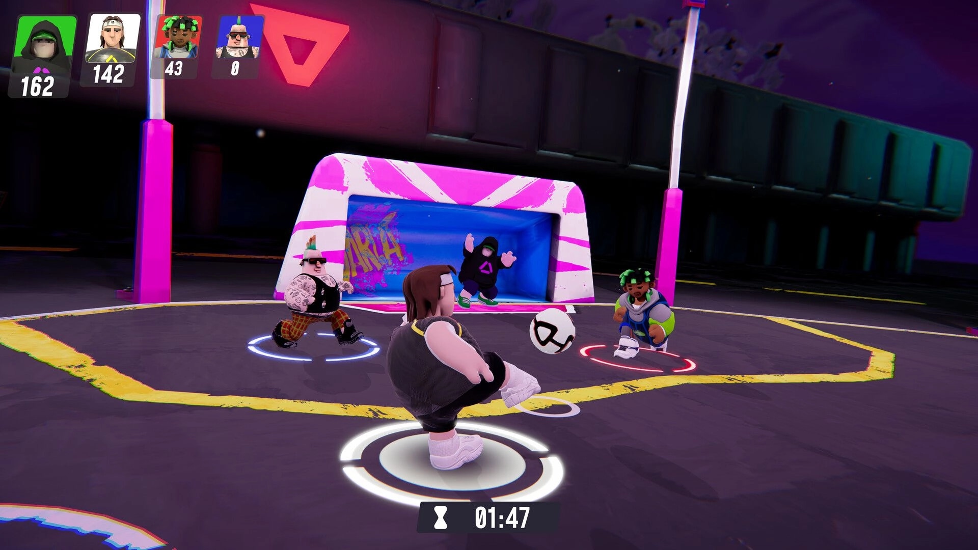 GOKA Street: Players engage in street football match with neon goal and timer in urban environment