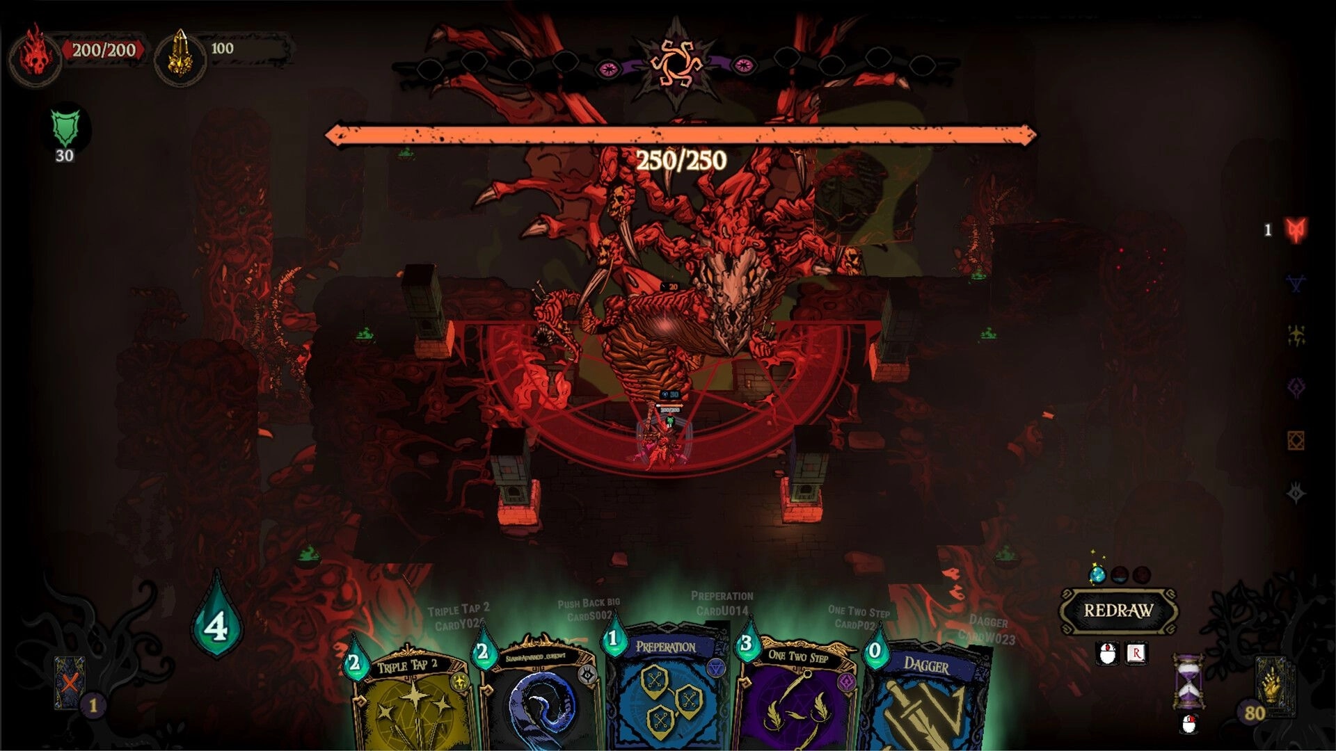 Golden Swirl: Player battles massive dragon boss with cards visible in dark, dungeon-like environment.