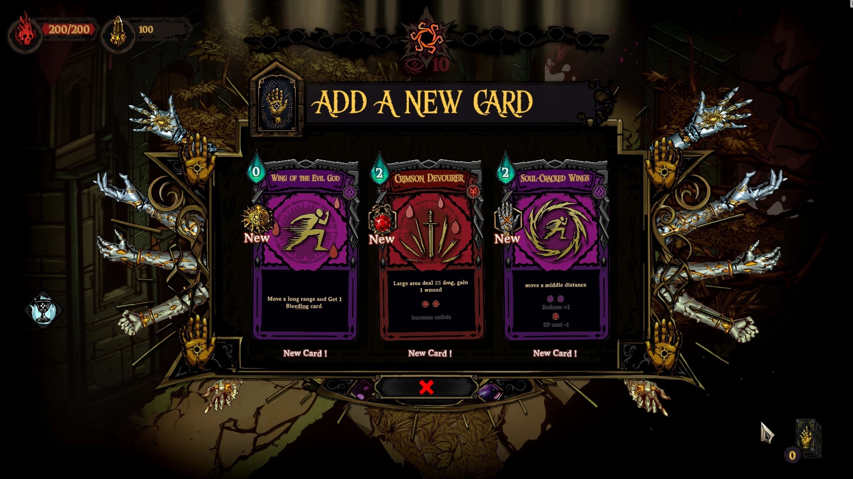 Golden Swirl: Card selection screen with options for new cards, set in a dark, mystical environment