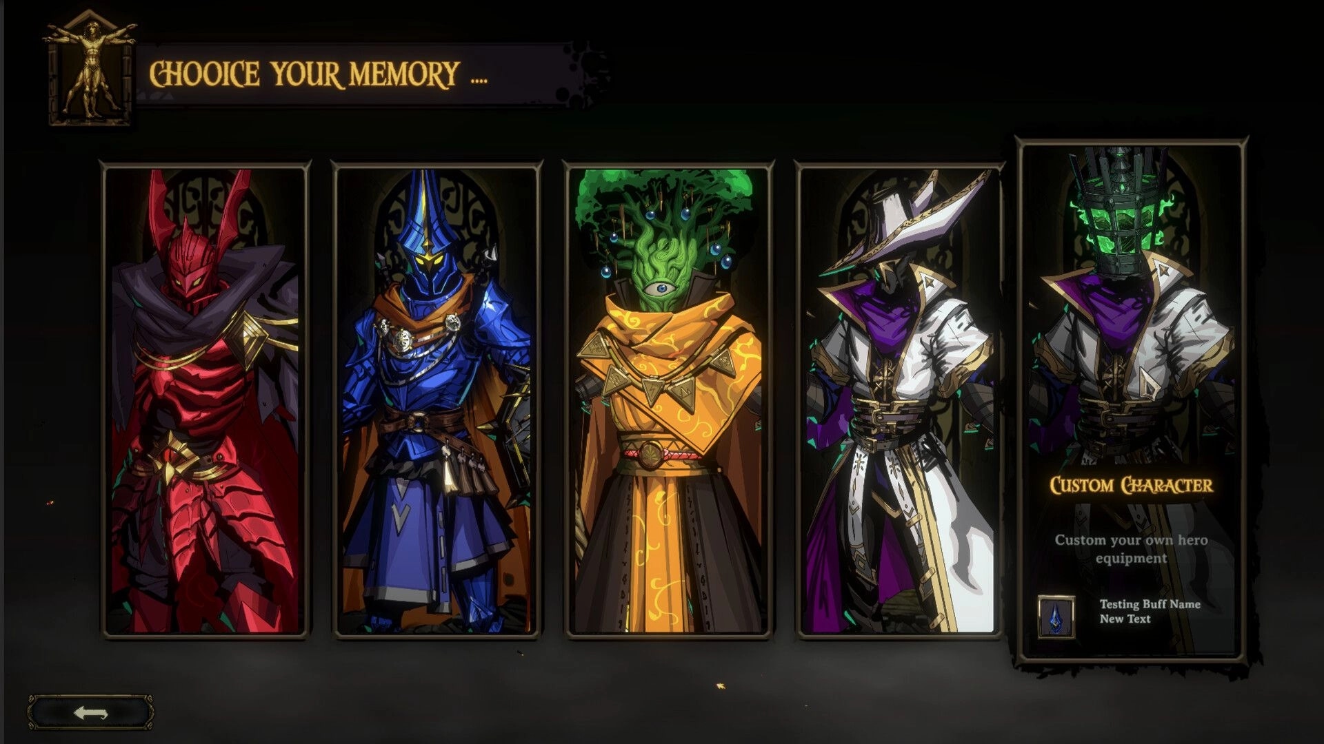 Golden Swirl: Character selection screen with five hero options, including a custom character feature.