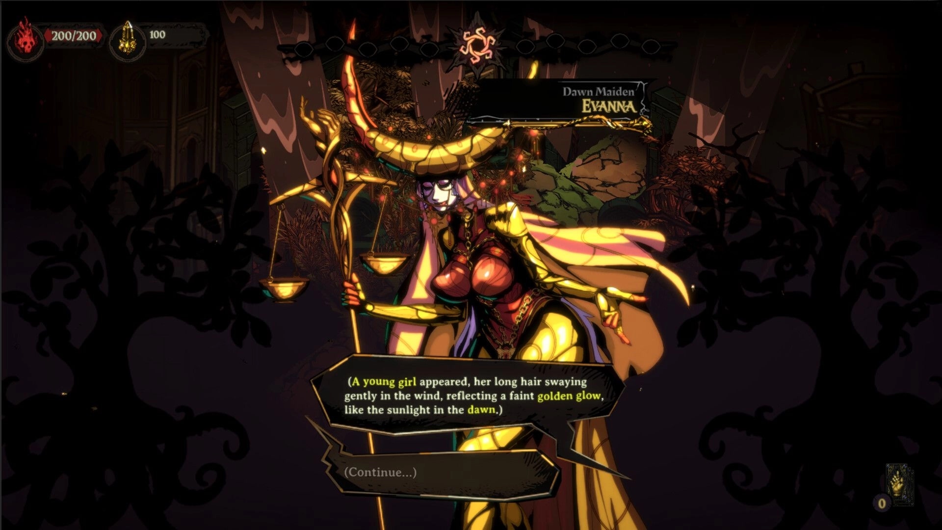 Golden Swirl: Dawn Maiden Evanna stands in a dark, mystical forest with dialogue options visible.