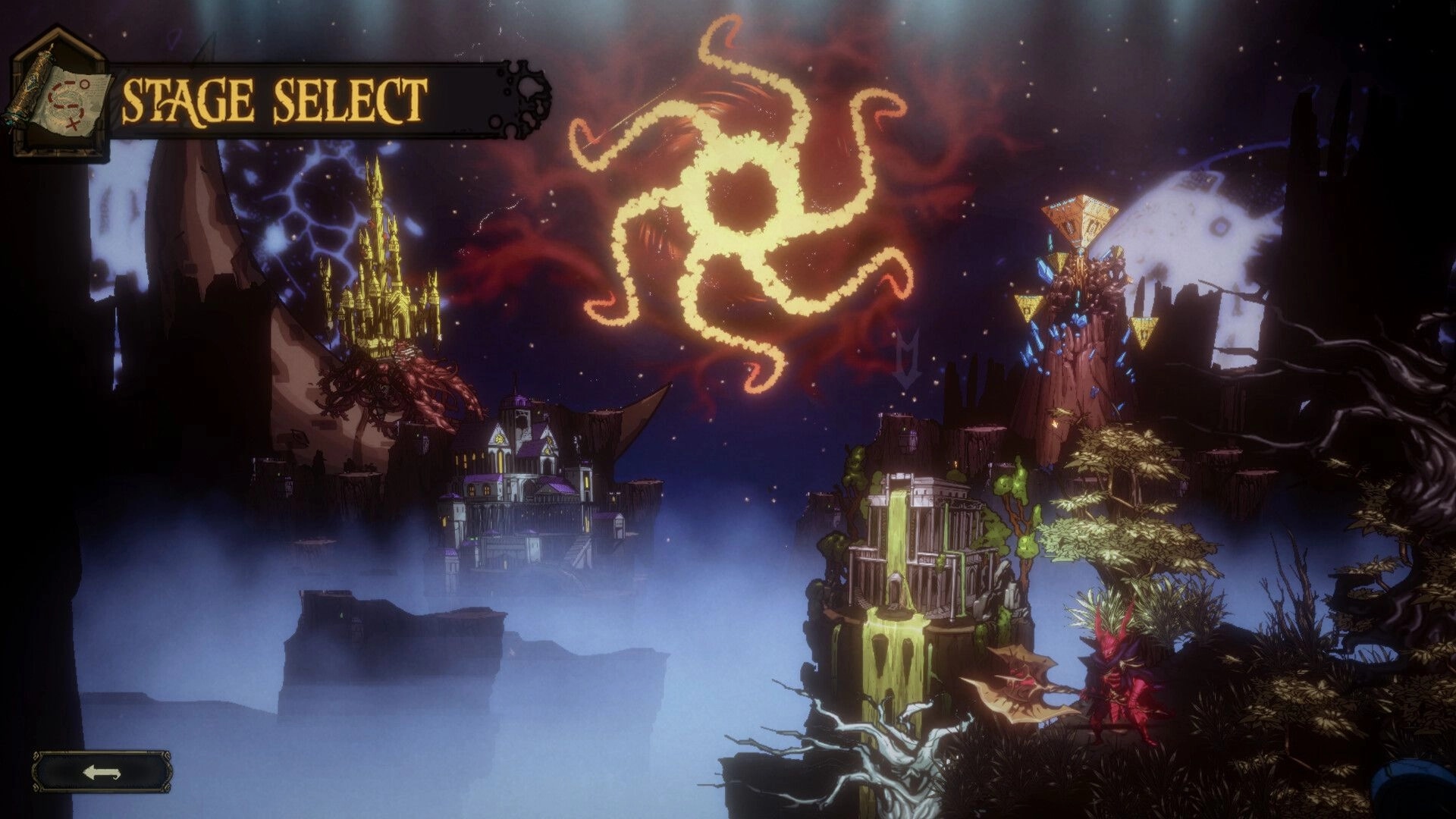 Golden Swirl: Stage select screen with glowing swirl symbol, mystical castles, and eerie landscape.