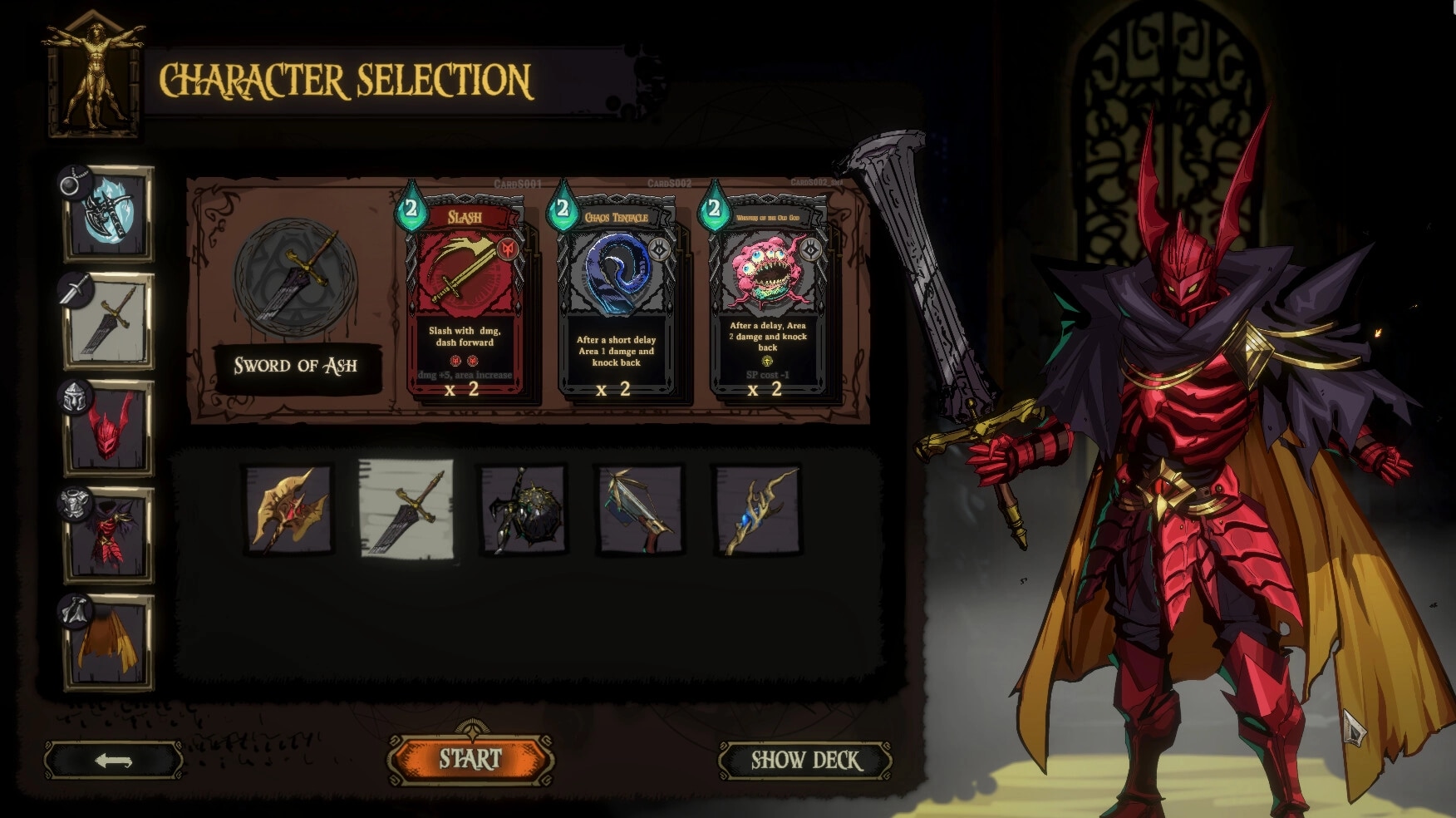 Golden Swirl: Character selection with Sword of Ash, card options, and red-armored warrior displayed