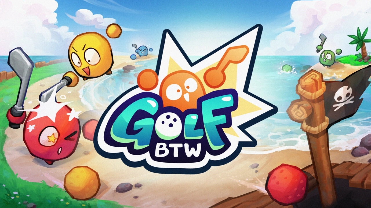 Golf by the way: Cartoon characters playing mini-golf by a beach with palm trees and pirate flag.