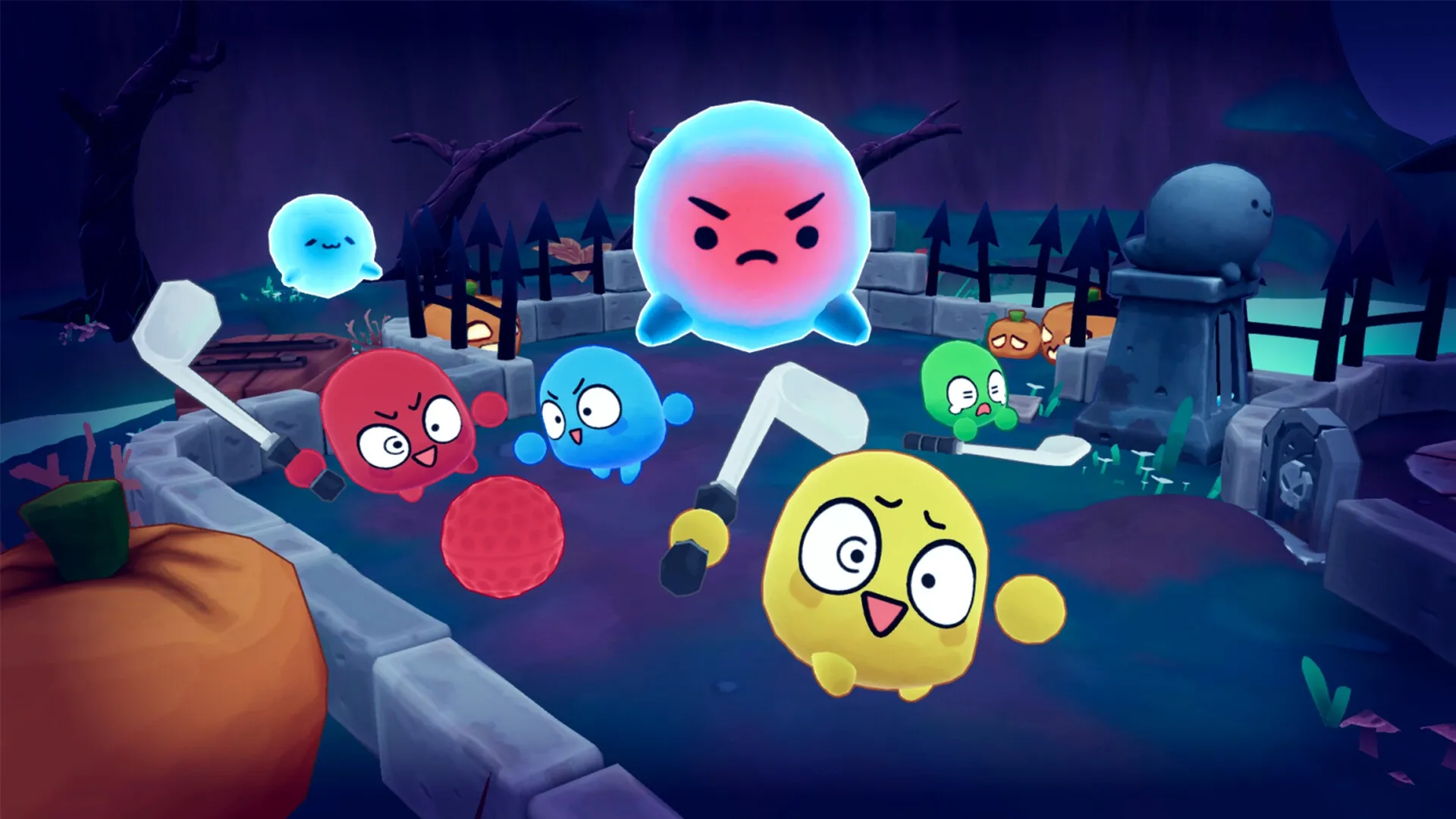 Golf by the way: Colorful characters wielding clubs in a spooky graveyard setting with glowing ghosts.