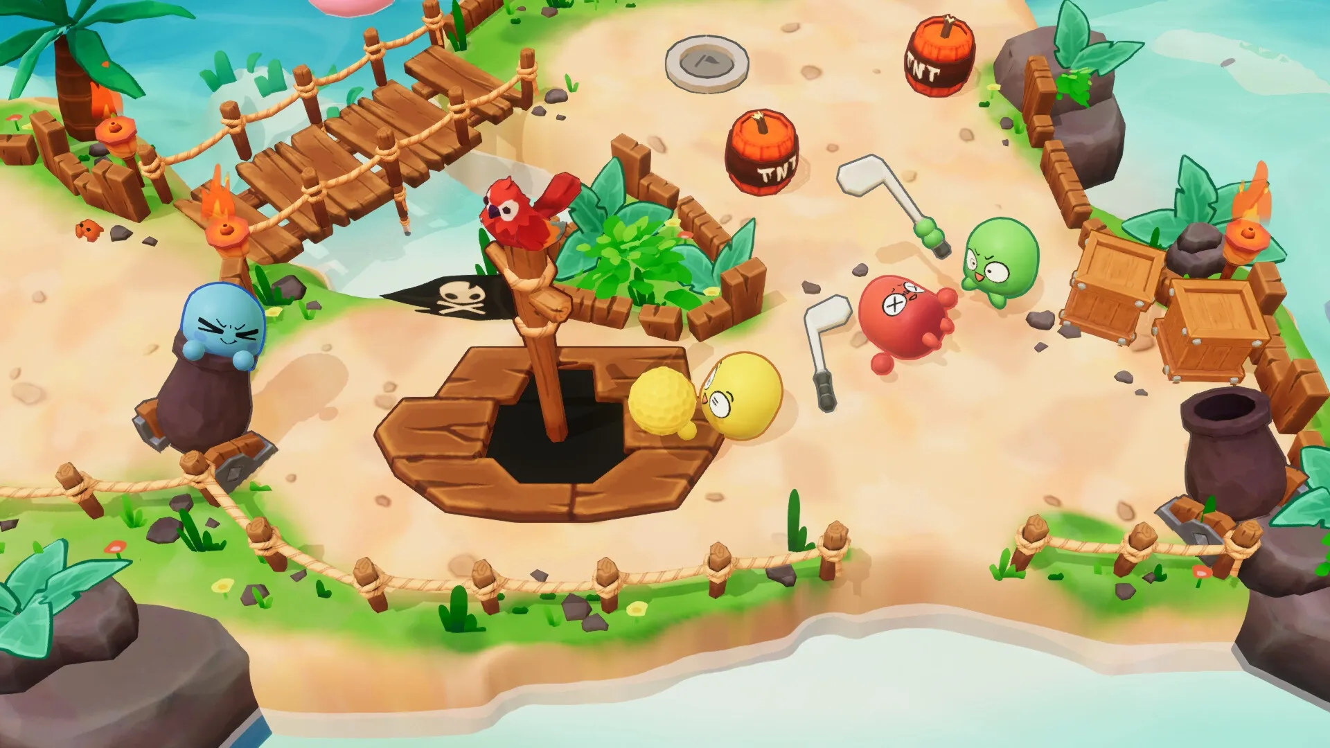 Golf by the way: Colorful characters on a beach; yellow golfer aiming near a pirate flag hole.