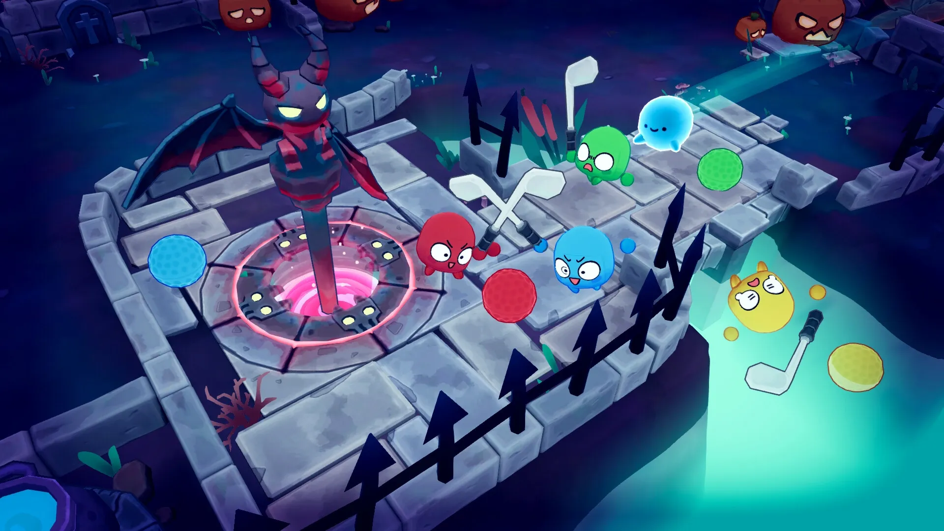 Golf by the way: Colorful characters compete on a spooky stone bridge with glowing elements.