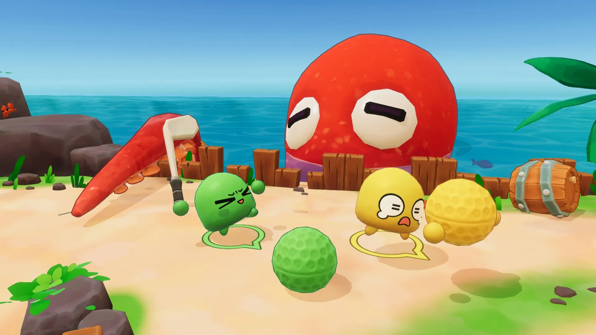 Golf by the way: Green and yellow characters with golf balls on beach, giant red octopus in background