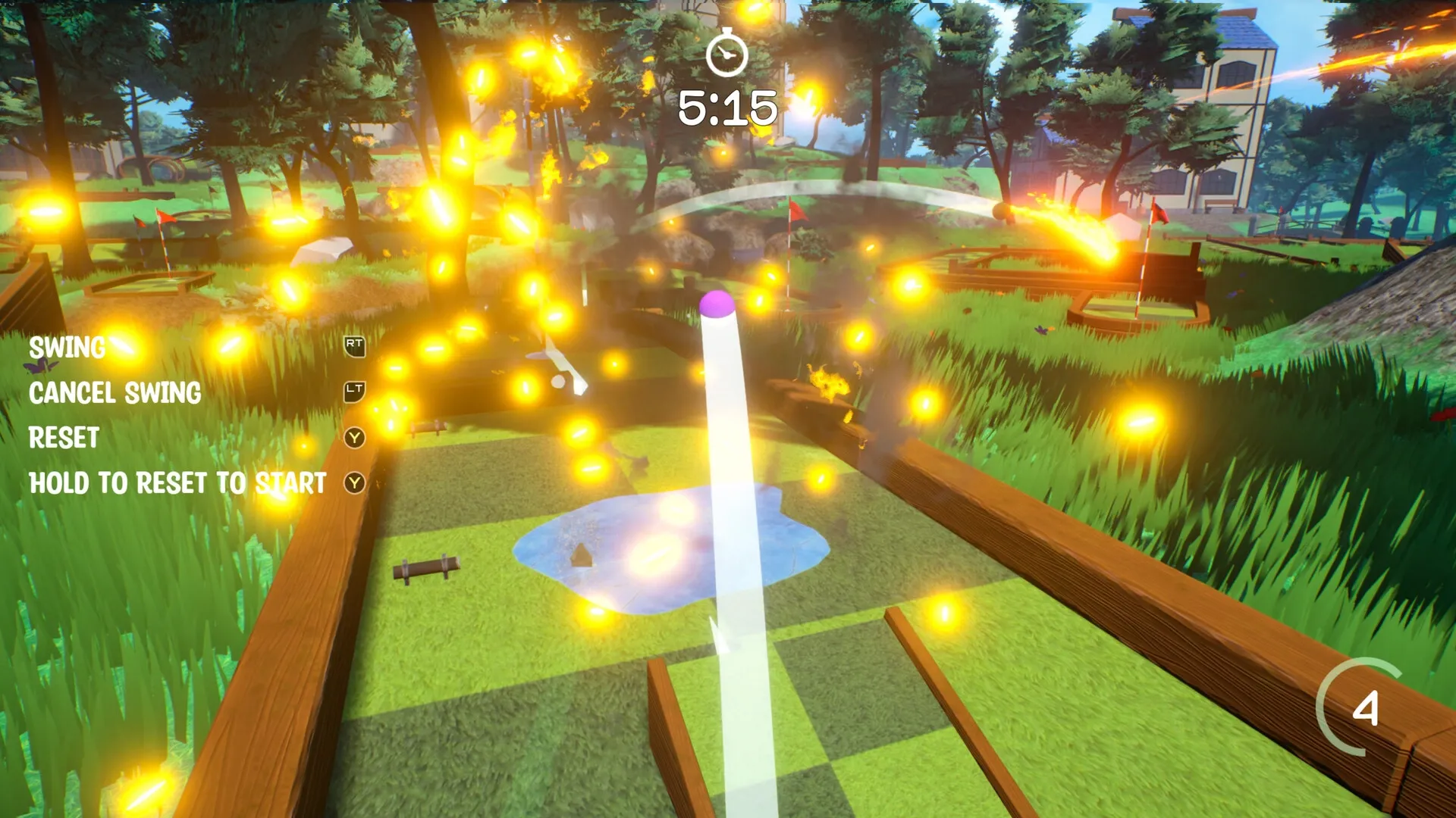Golf Gambit: Player aiming shot amidst glowing traps on a wooded mini-golf course with timer visible.