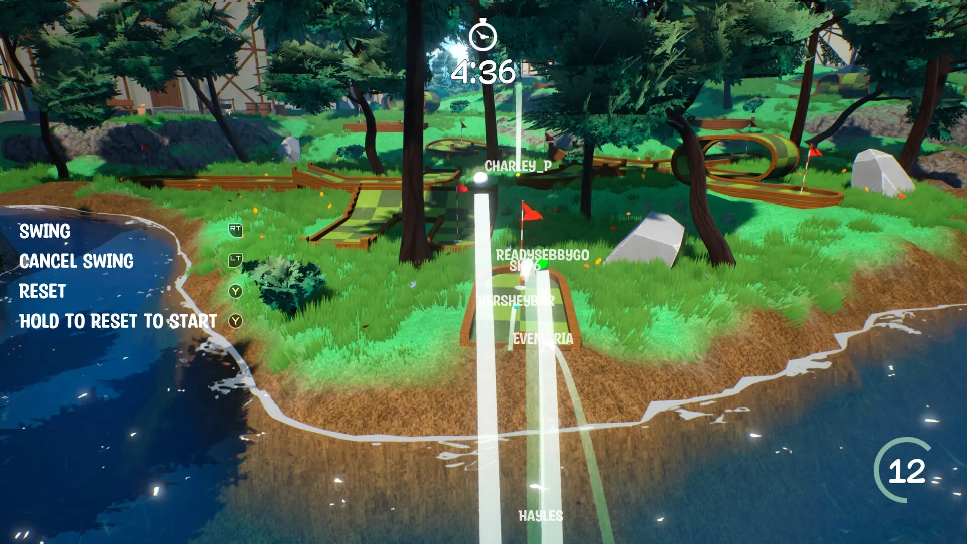 Golf Gambit: Players aim for the hole over water in a lush forest course with timer and swing controls.