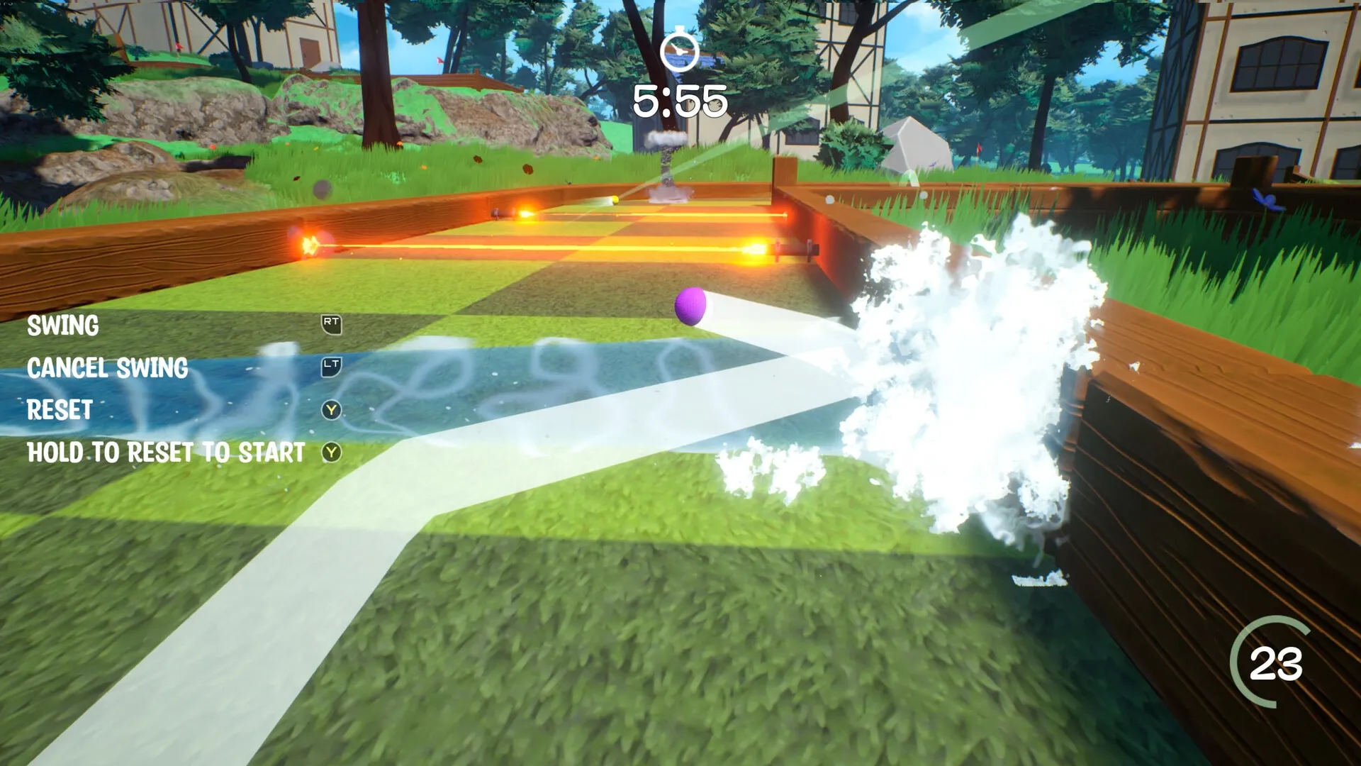 Golf Gambit: Purple ball near tornado trap on grassy course with swing controls and timer at 5:55