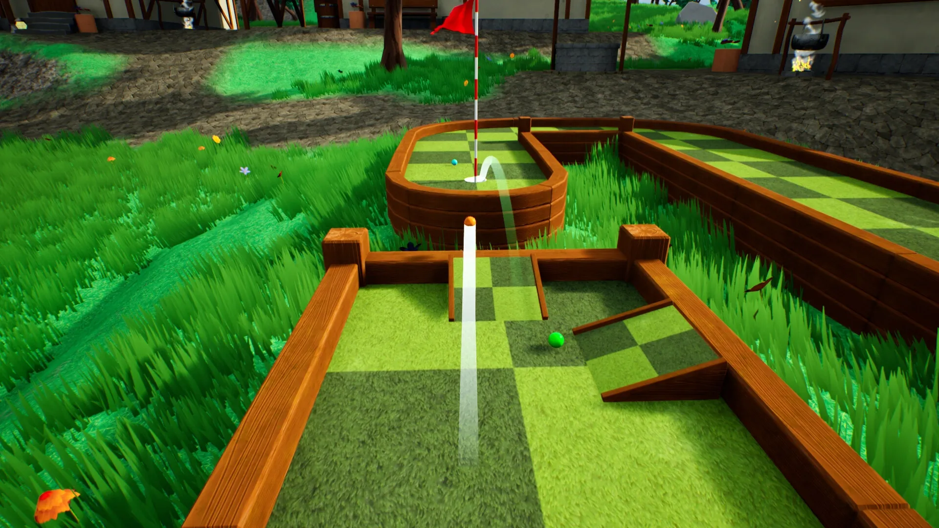 Golf Gambit: Golf ball mid-air on mini-golf course with wooden barriers and flag in grassy environment
