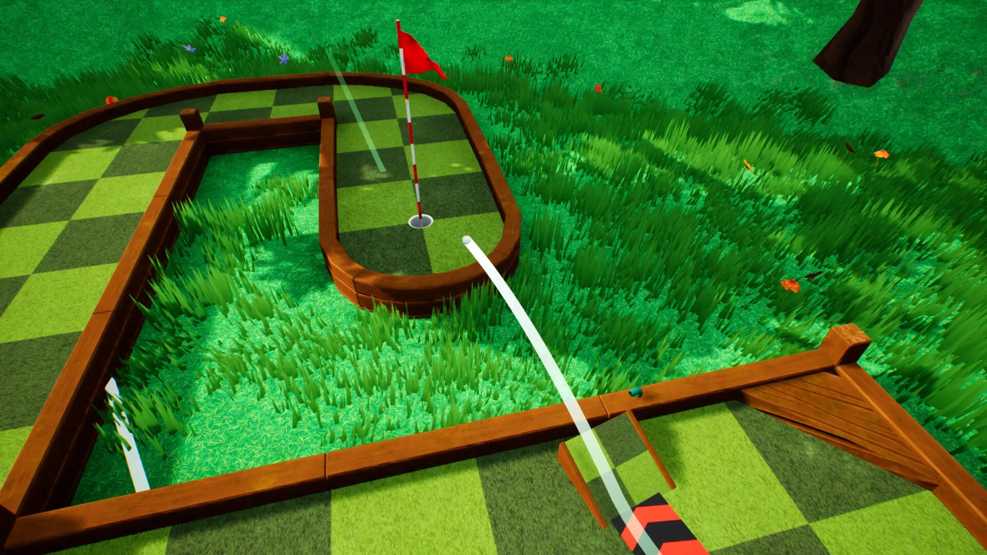 Golf Gambit: Putt aiming towards hole on checkered green course surrounded by lush grass and hedges.