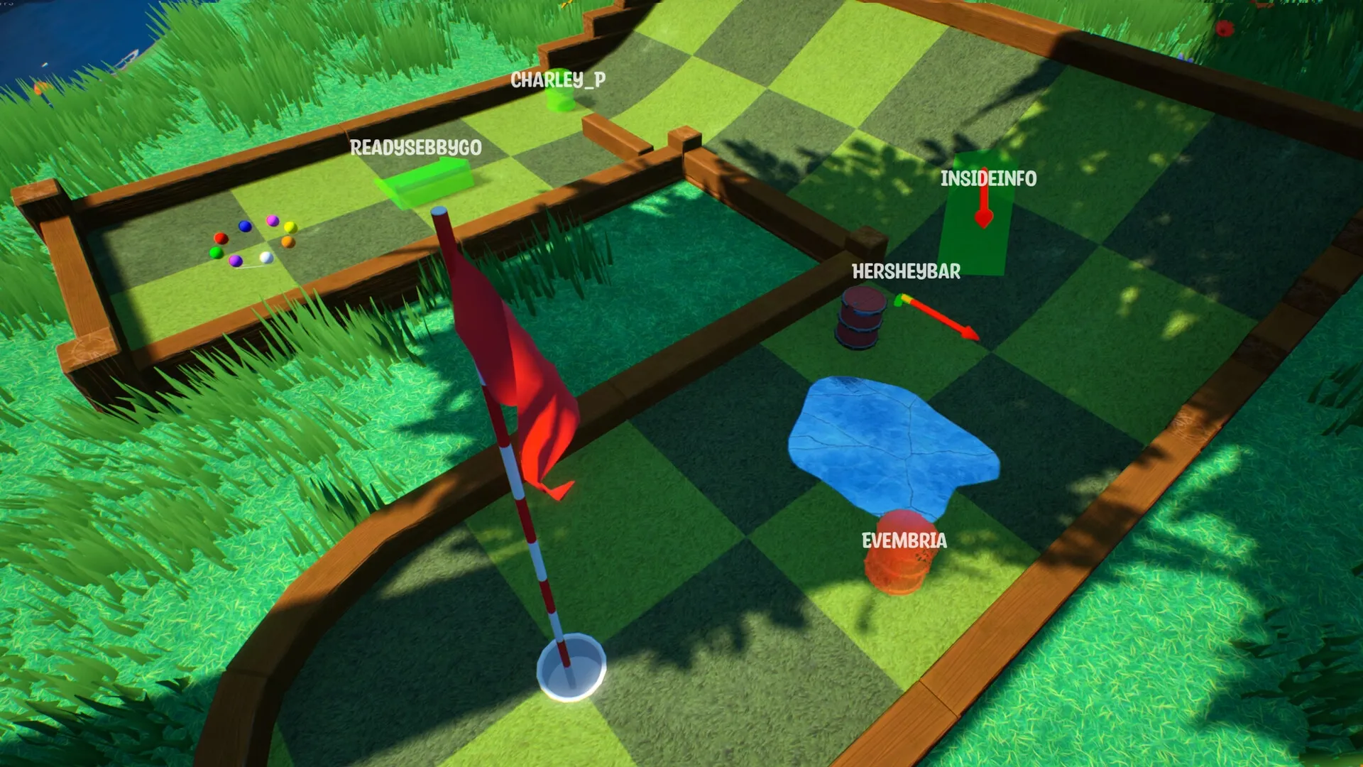 Golf Gambit: Mini-golf course with player names, obstacles, and a flag near the hole in grassy terrain