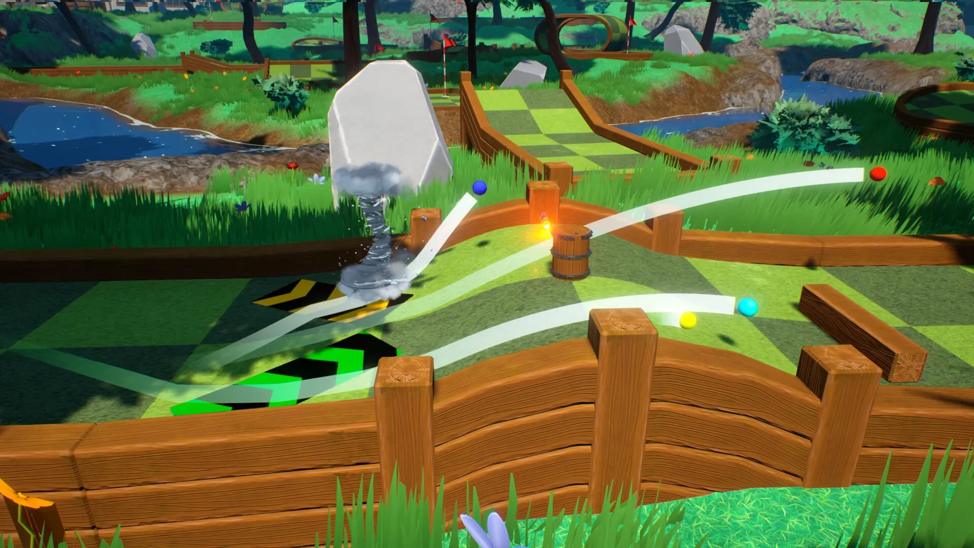 Golf Gambit: Mini-golf course with tornado trap in vibrant landscape and multiple colored golf balls visible.