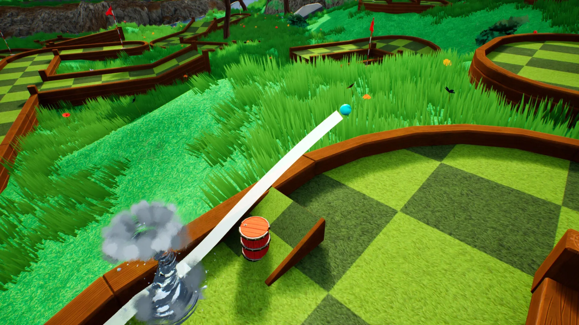 Golf Gambit: Tornado trap spins near blue ball on grassy mini-golf course with wooden barriers
