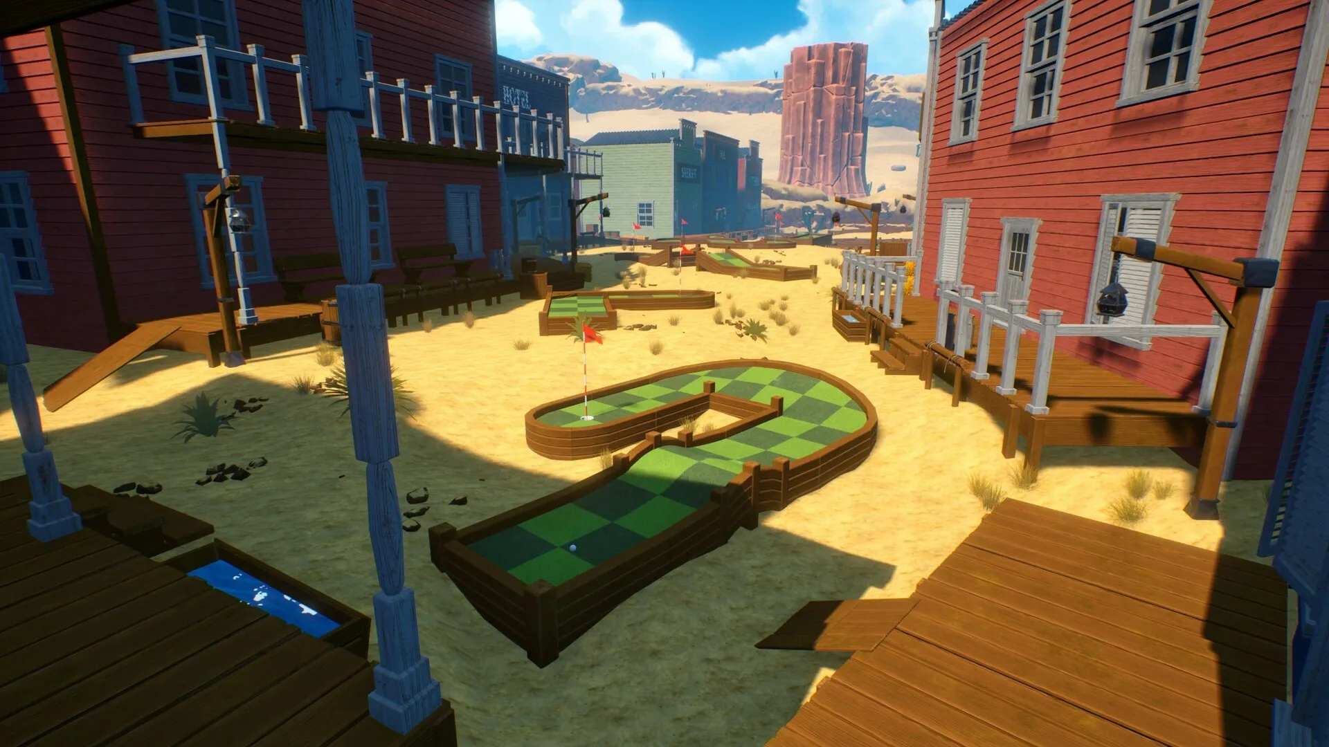 Golf Gambit: Desert-themed mini-golf course with wooden obstacles and a challenging curved hole