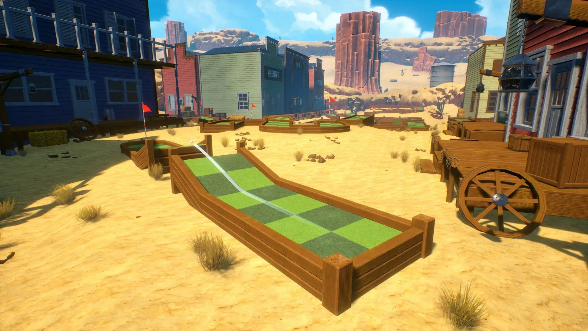 Golf Gambit: Mini-golf course with ramps and obstacles in a Wild West desert town setting