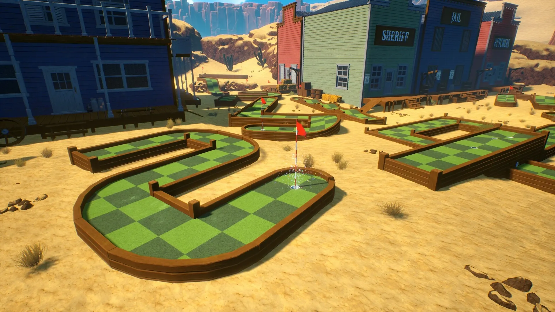 Golf Gambit: Mini-golf course with sand traps and flags in a desert town setting with old buildings.
