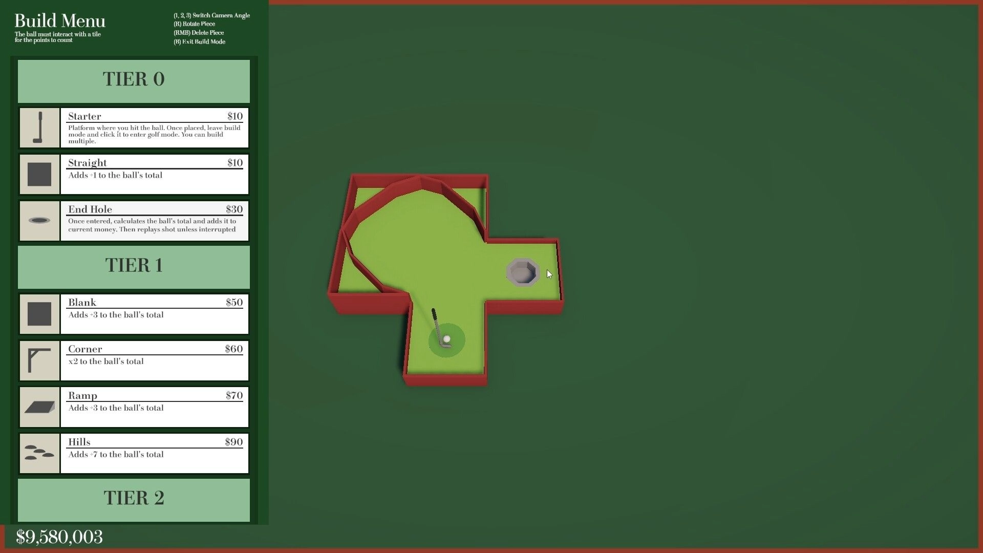 Golfcremental: Build Menu open with tiered tiles list beside a small red-walled mini golf hole course.