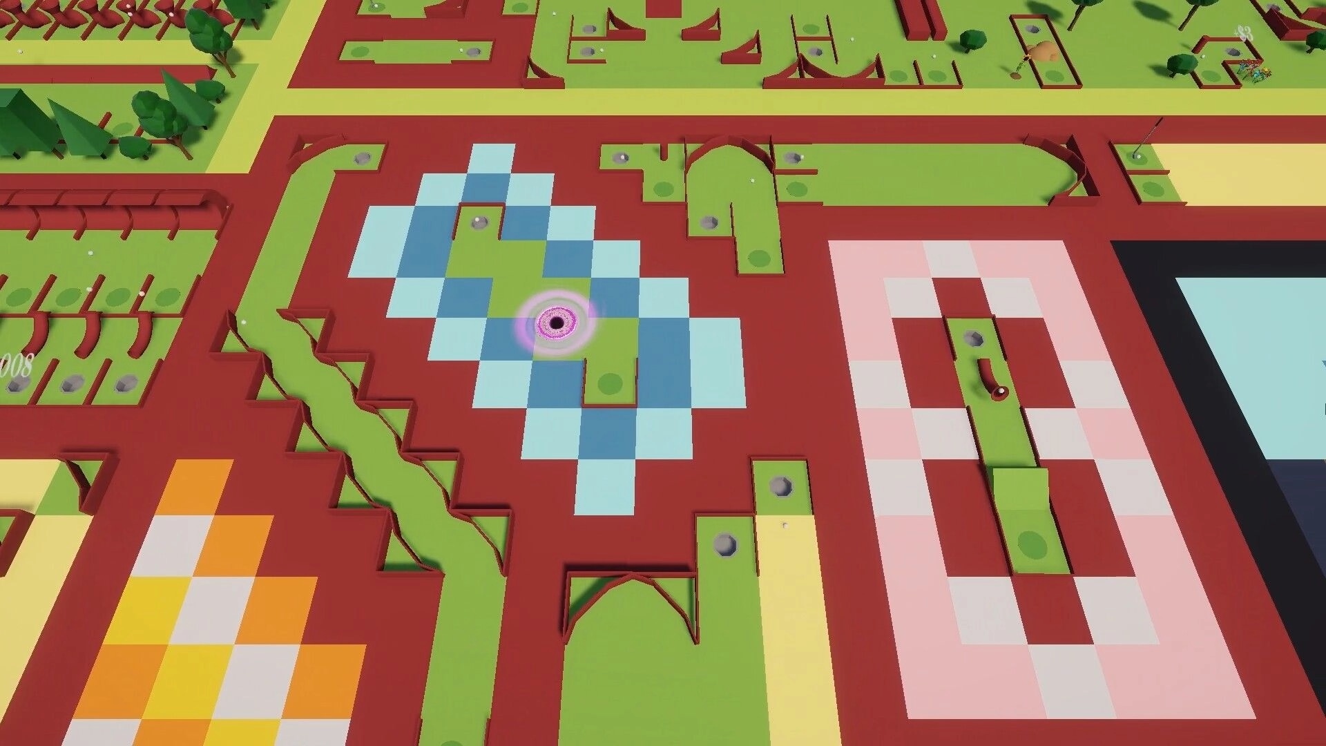 Golfcremental: Overhead view of mini golf holes with colorful tile hazards and a glowing portal cup area.