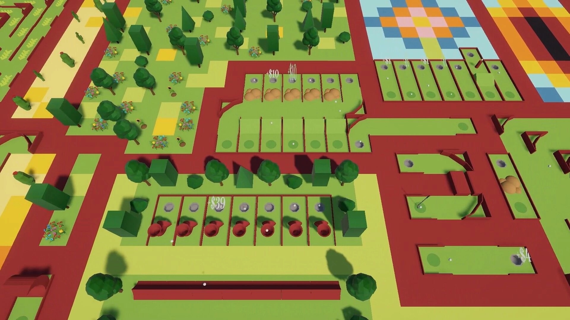 Golfcremental: Overhead view of modular mini-golf lanes earning $10 and $39 amid trees and paths.