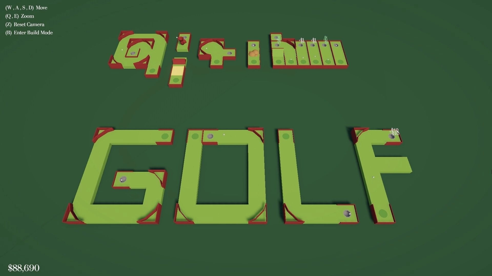 Golfcremental: Build view of mini golf holes spelling GOLF on green field with movement controls UI text.
