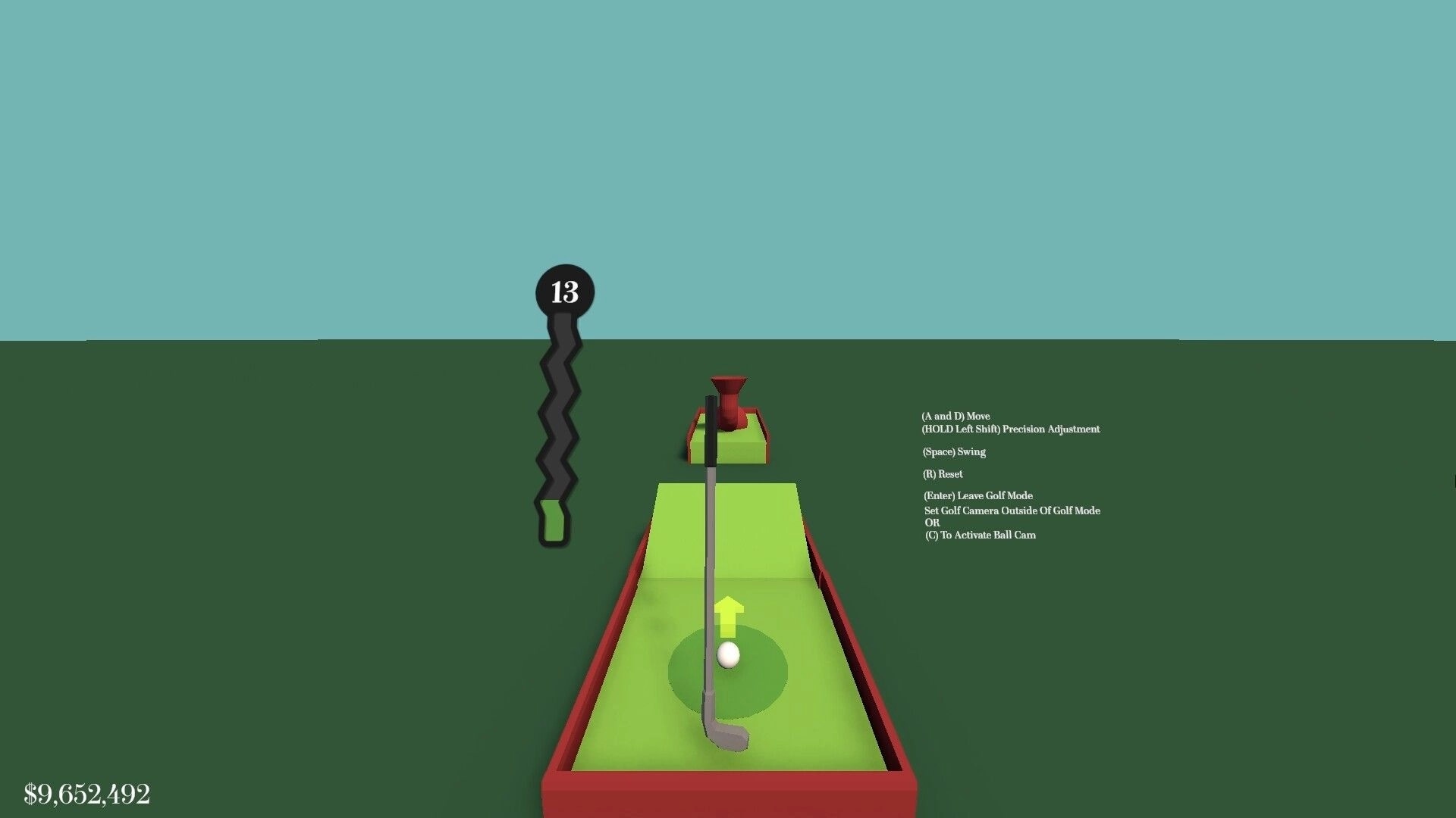 Golfcremental: Putting view with ball and club aim arrow on a mini green, controls and cash UI on screen.