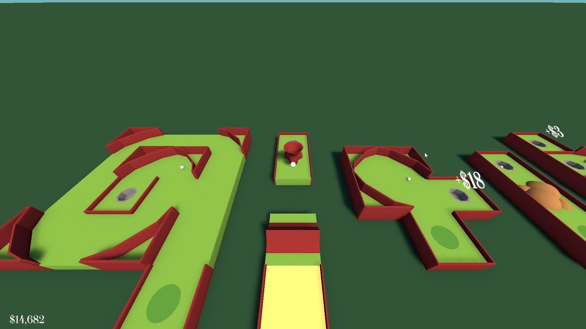 Golfcremental: Overhead view of mini golf holes with red walls, balls, and cash popups on green course.