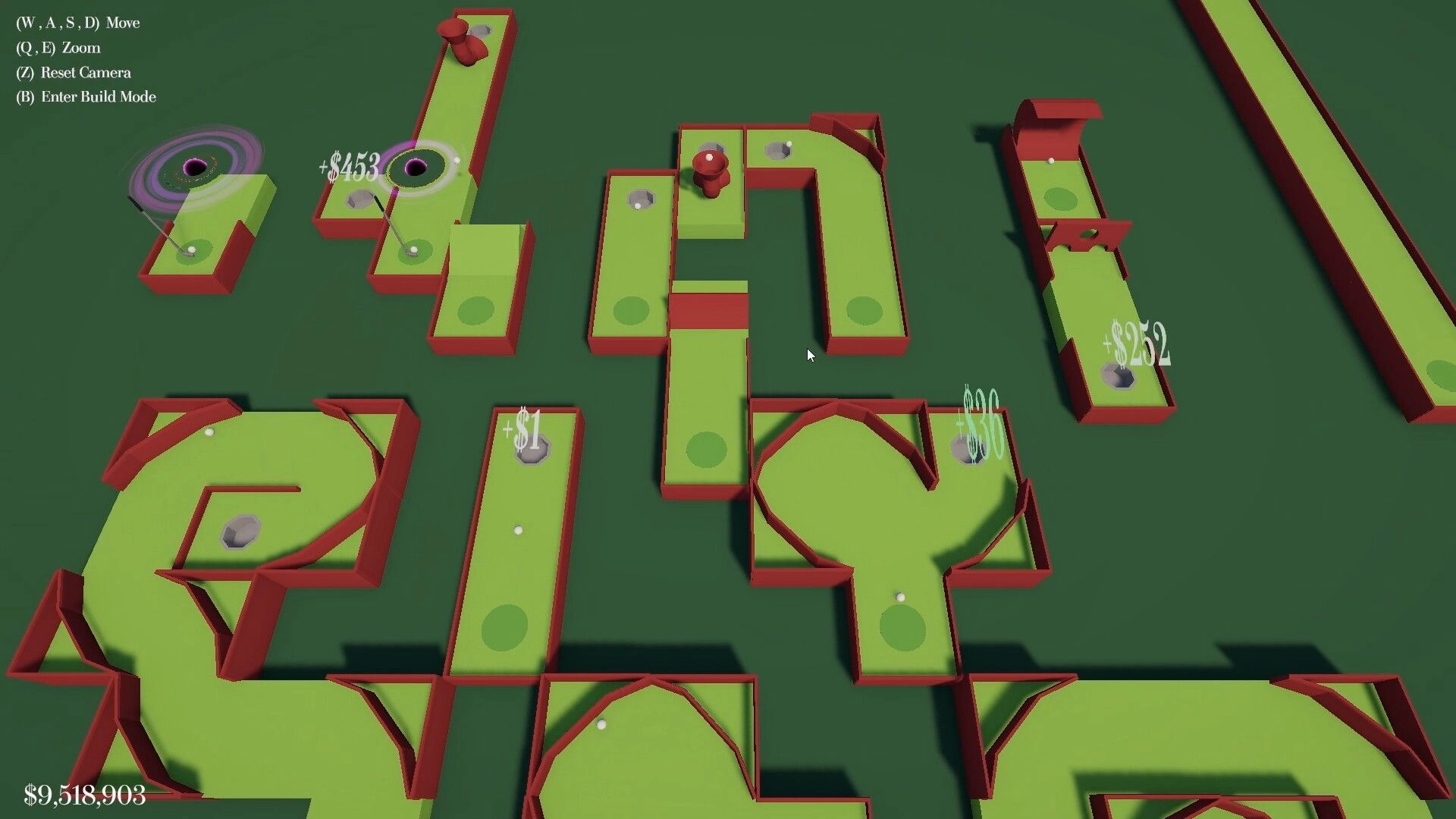 Golfcremental: Overhead view of mini-golf course maze with money popups and build controls on green field.