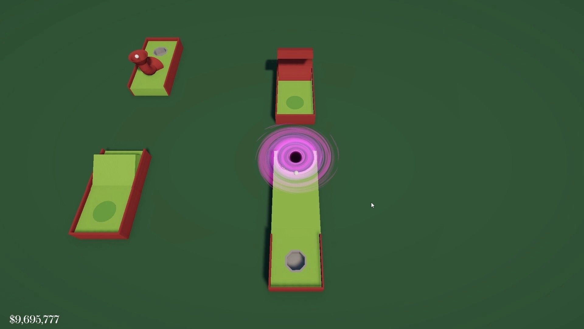 Golfcremental: Top-down mini golf course pieces with a purple vortex hole and cash total on green field.